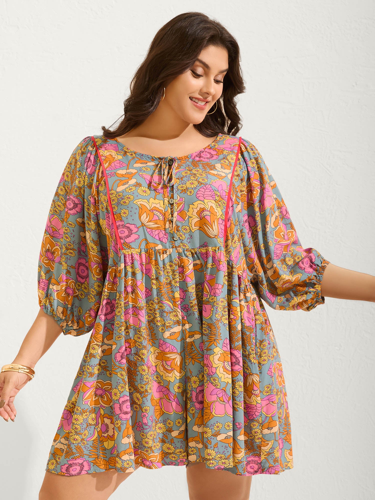 Floral Print Puffy Sleeve Flowy Romper-Sweetccc