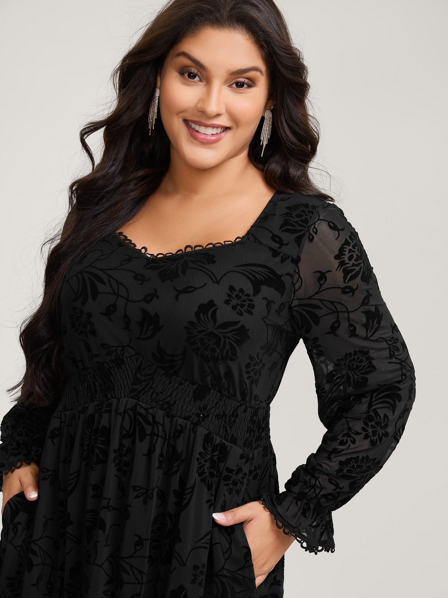 Textured Floral Shirred Waist Knee-Length Dress-Sweetccc