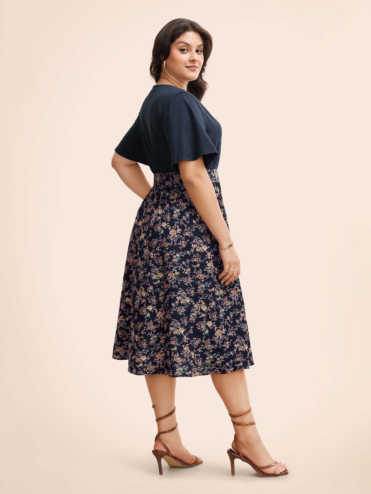 Notched Collar Floral Patchwork Belted Dress-Sweetccc