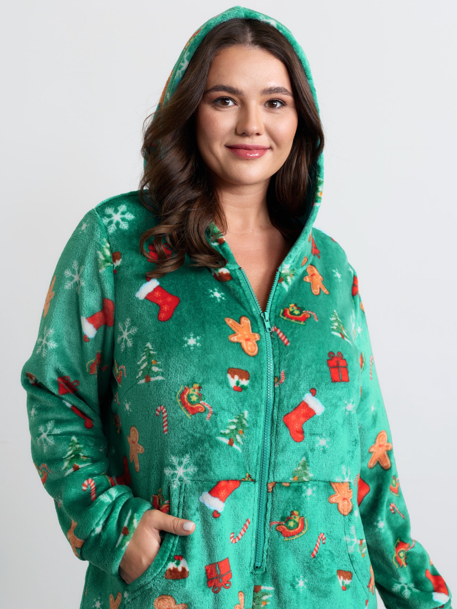 Fleece Holiday Pattern Pockets Hooded Sleep Jumpsuit-Sweetccc