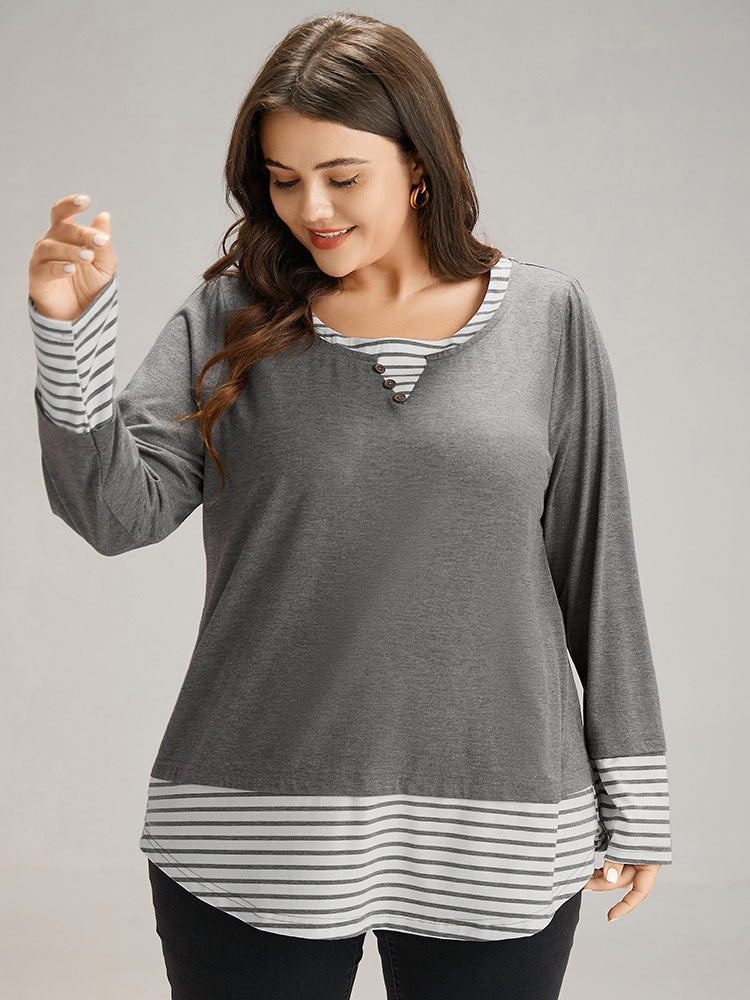 Striped Patchwork Button Detail T-shirt-Sweetccc