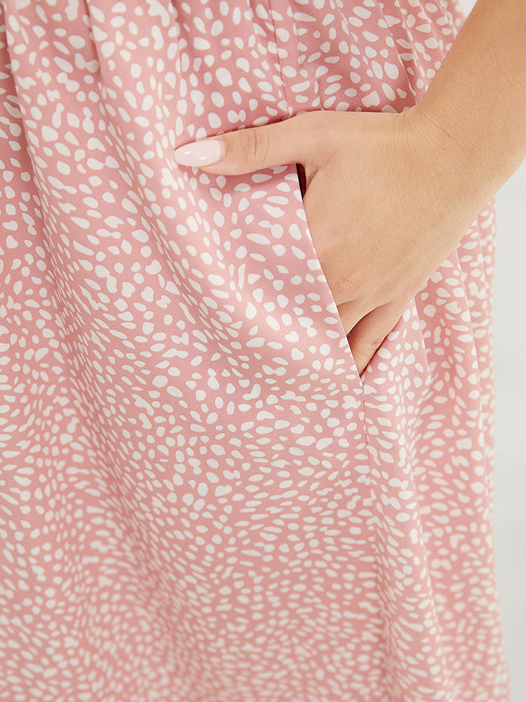 Leopard Ruffle Trim Pocket Shirred Puff Sleeve Dress-Sweetccc