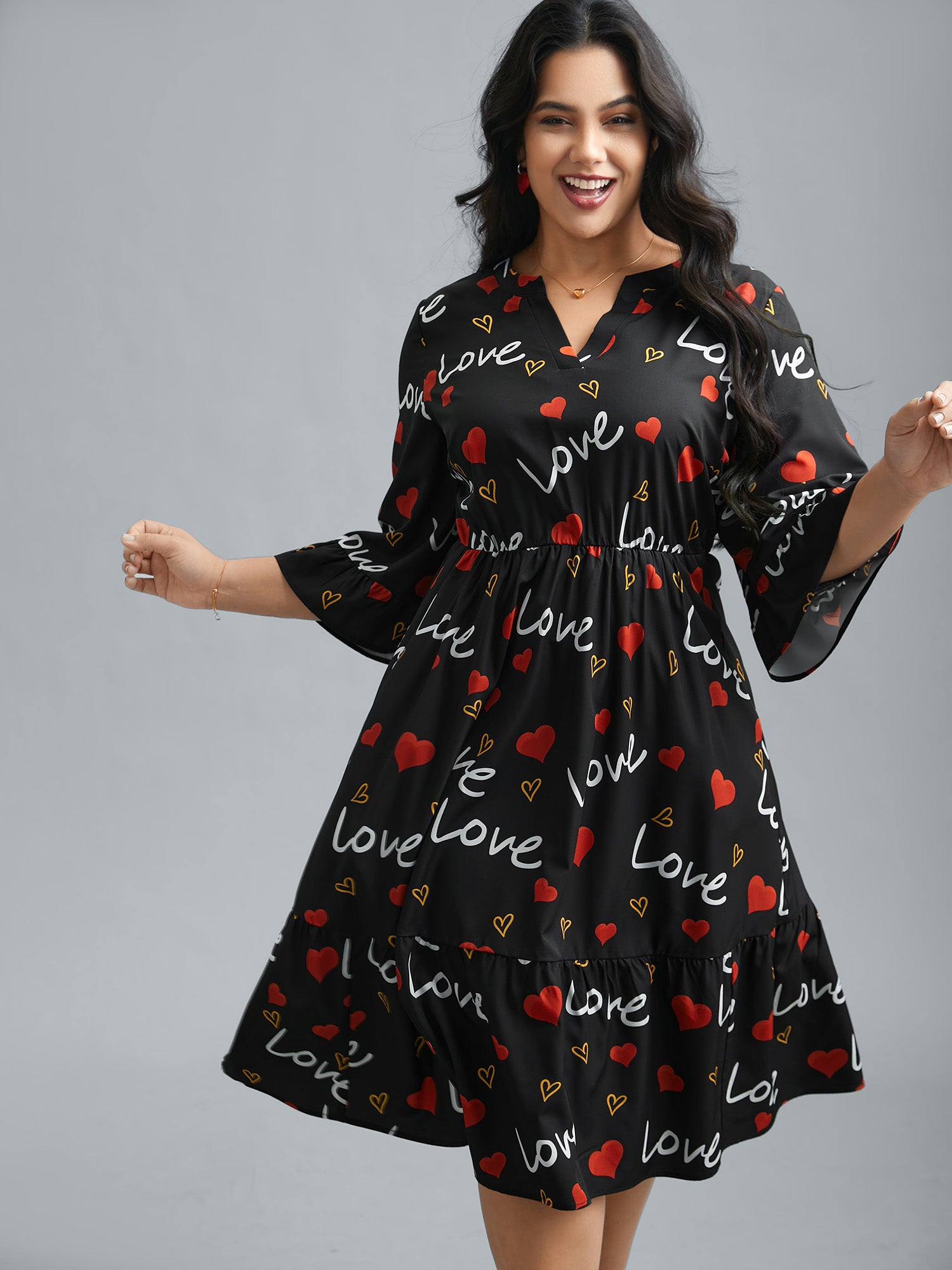 Notched Collar Heart Print Tiered Midi Dress-Sweetccc
