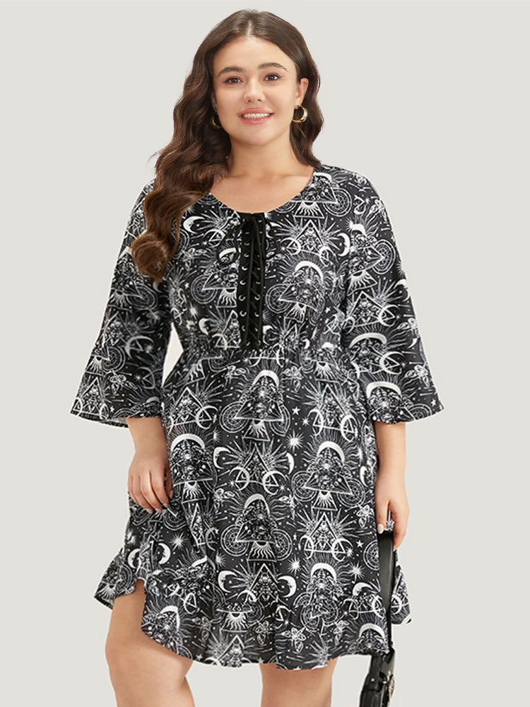 Halloween Moon & Star Lace Up Pocket Bell Sleeve Dress-Sweetccc