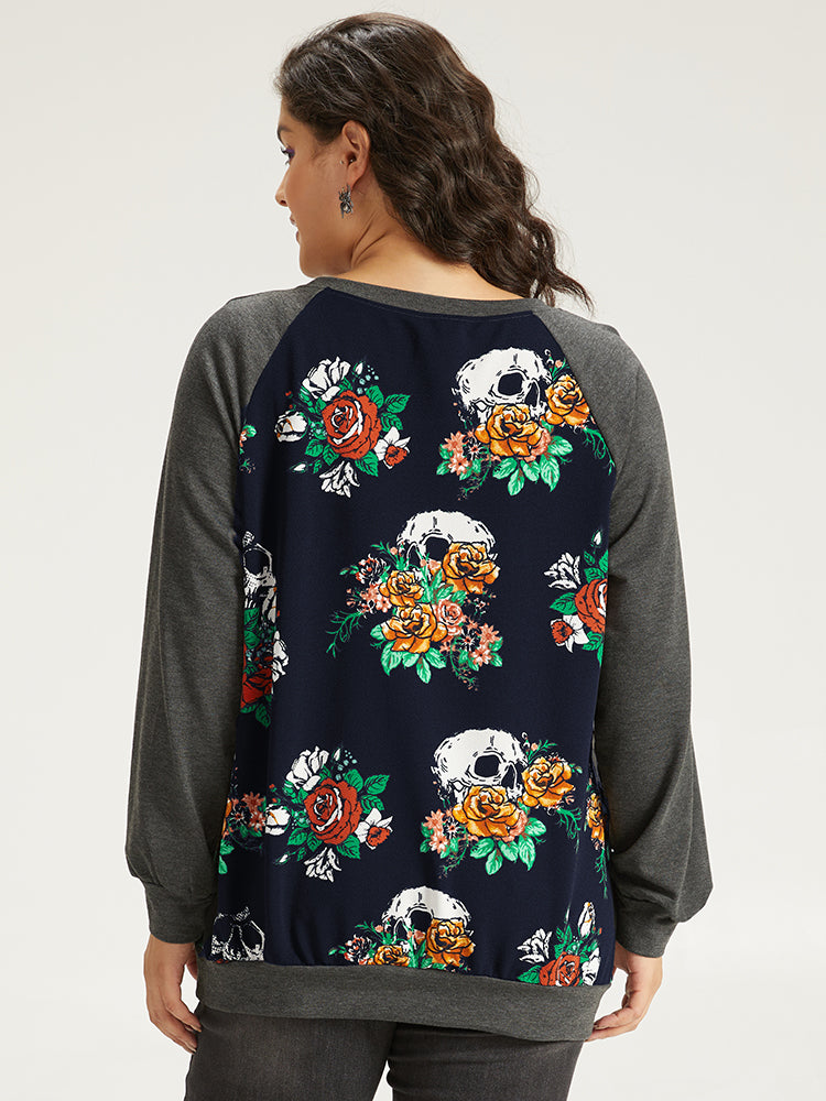 Halloween Skull & Floral Print Raglan Sleeve Sweatshirt-Sweetccc