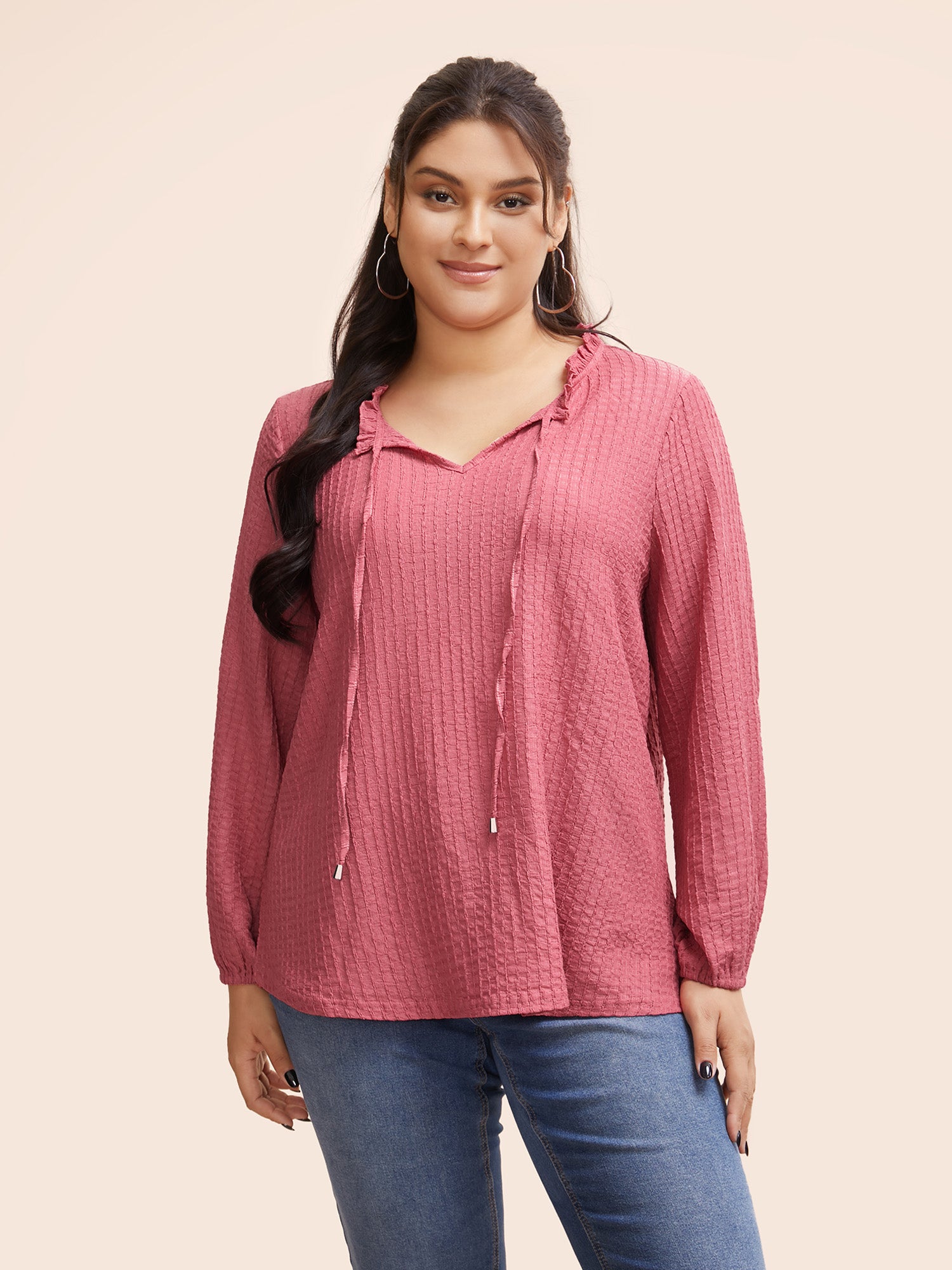 Textured Tie Knot Lantern Sleeve T-shirt-Sweetccc