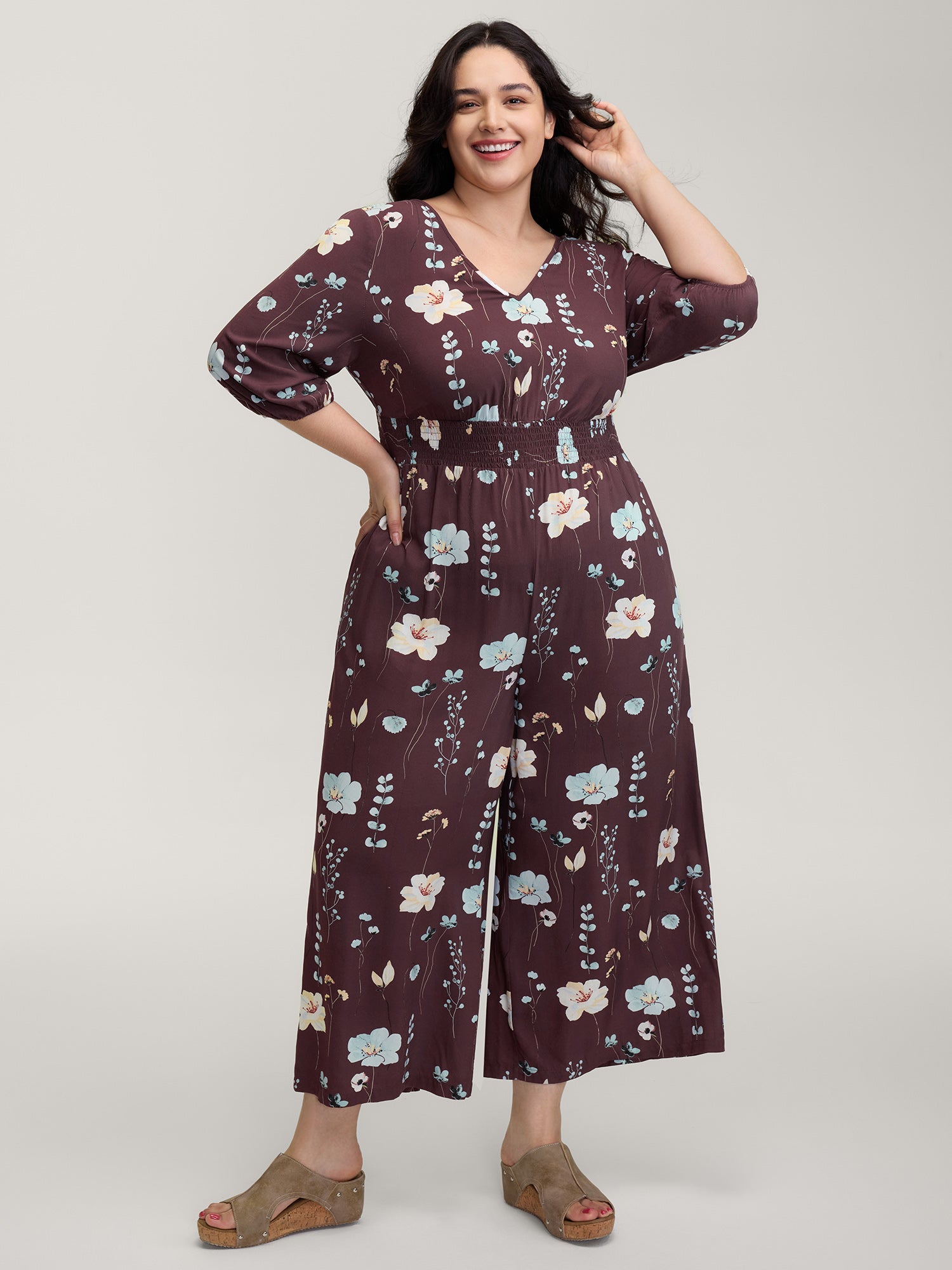 Floral Branch Print Shirred Waist Jumpsuit-Sweetccc