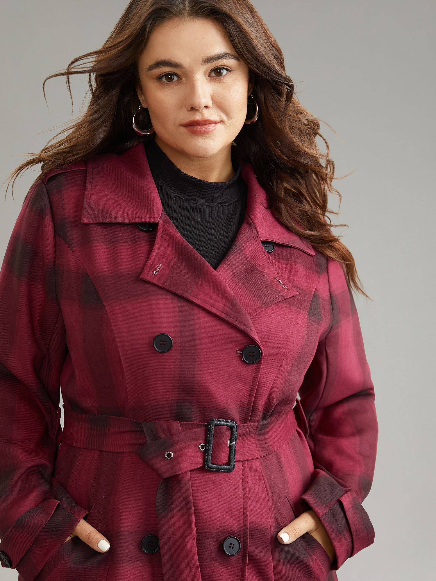 Lapel Collar Plaid Belted Double Breasted Coat-Sweetccc