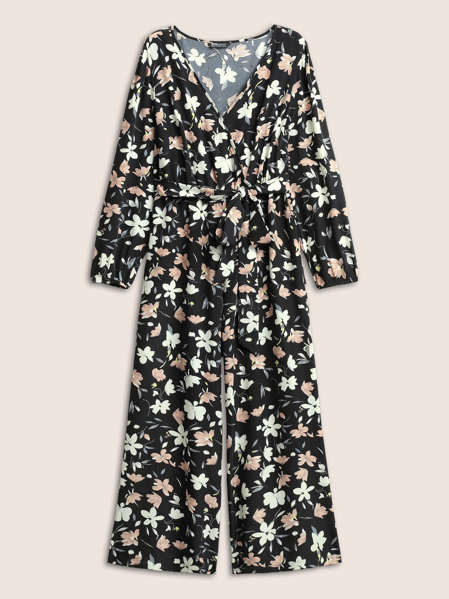 Floral Elastic Waist Belted Wrap Jumpsuit-Sweetccc