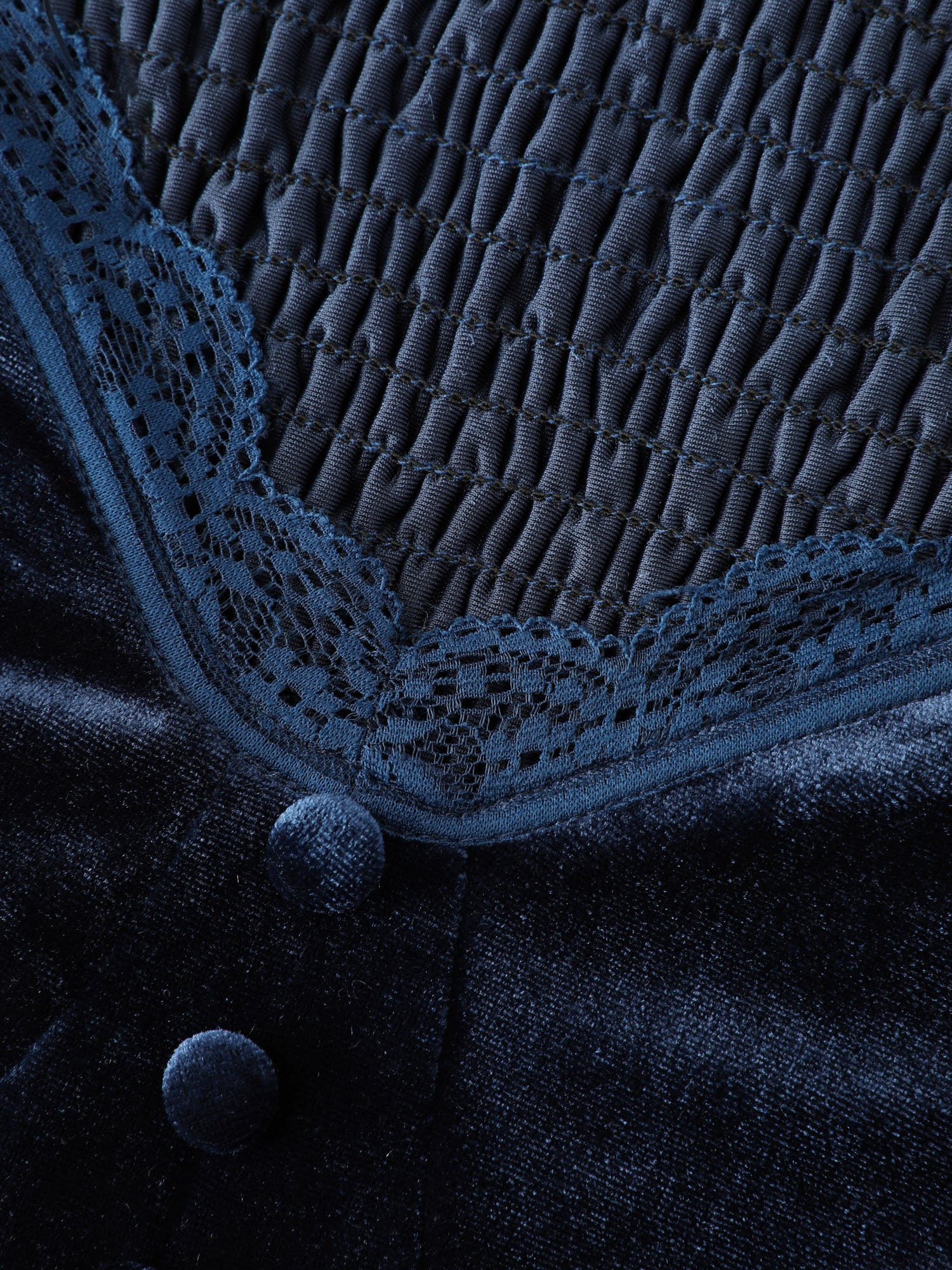 Velvet Lace Trim Stitch Shirred Midi Dress-Sweetccc