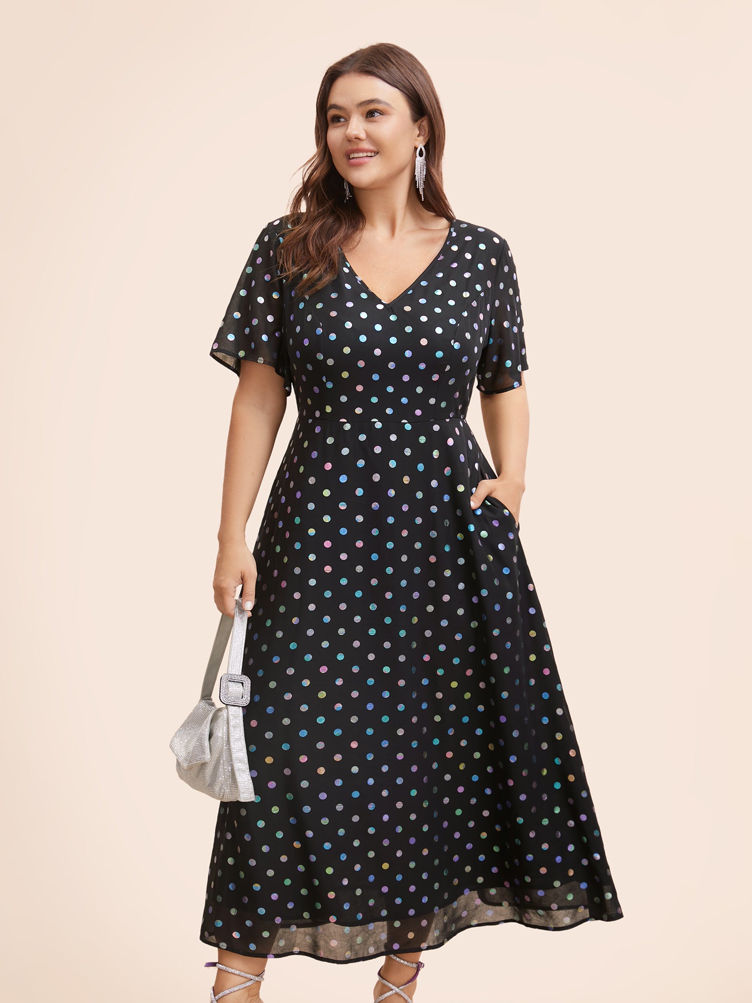 V Neck Polka Dot Glitter Ruffle Sleeve Dress-Sweetccc
