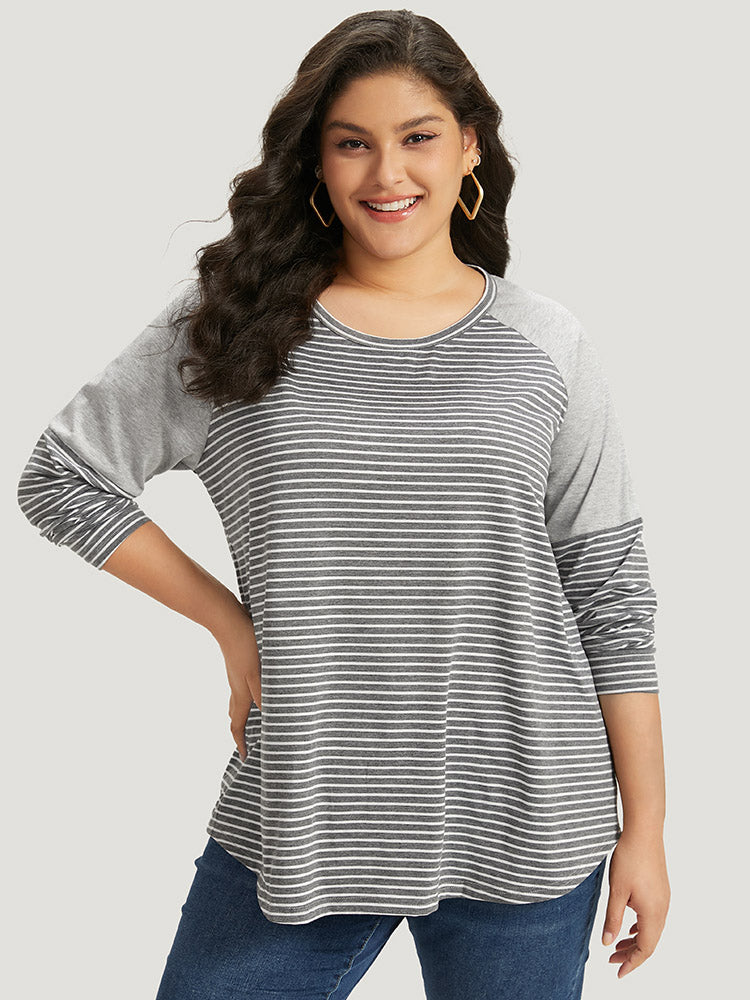 Striped Patchwork Crew Neck Raglan Sleeve T-shirt-Sweetccc