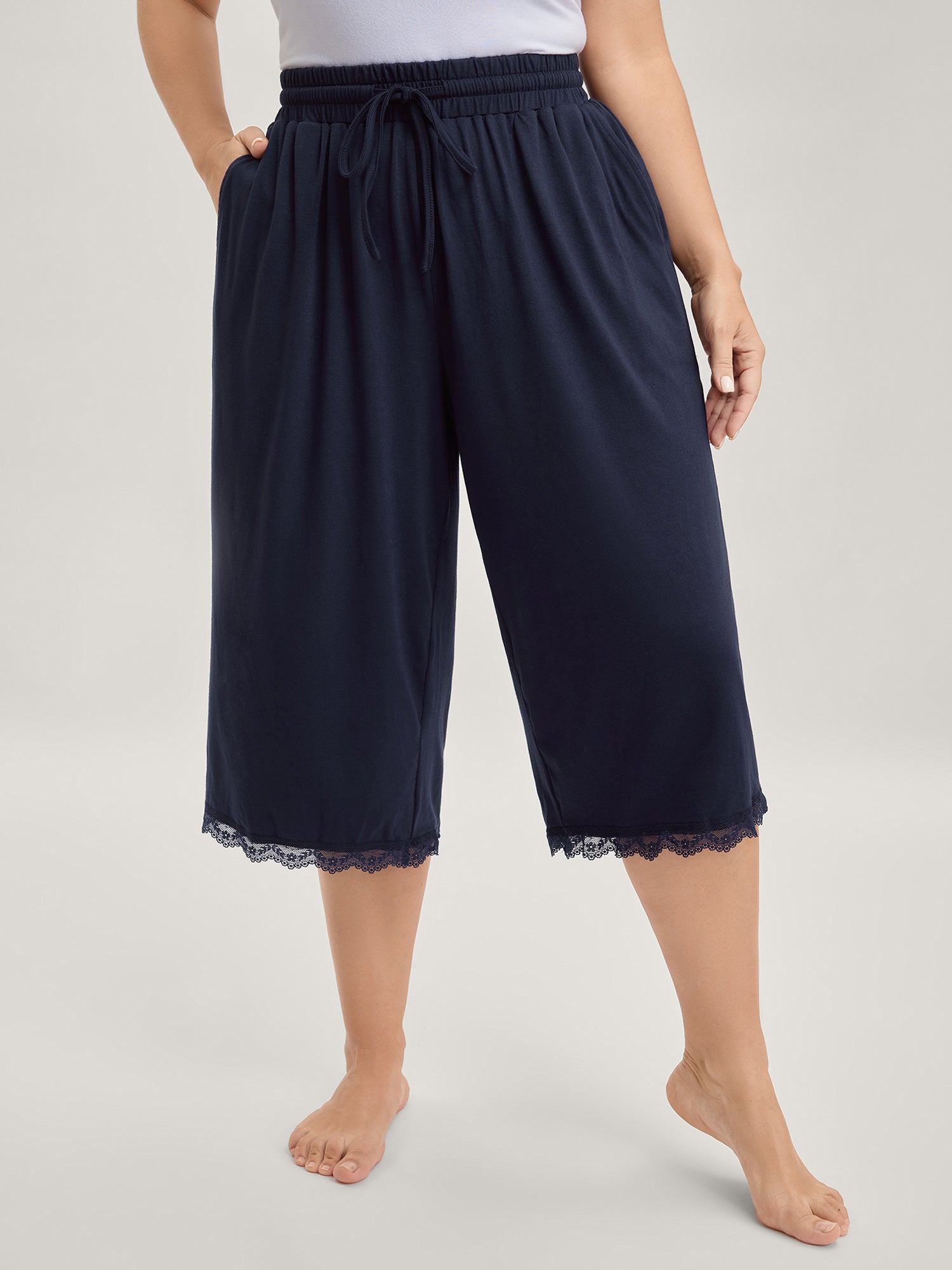 Stretchy Lace Trim Drawstring Lounge Pants-Sweetccc