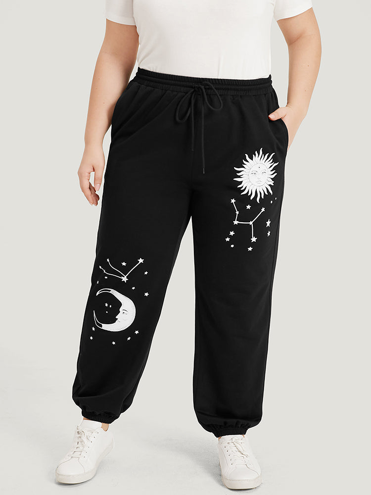 Moon and Star Print Pocket Drawstring Sweatpants-Sweetccc