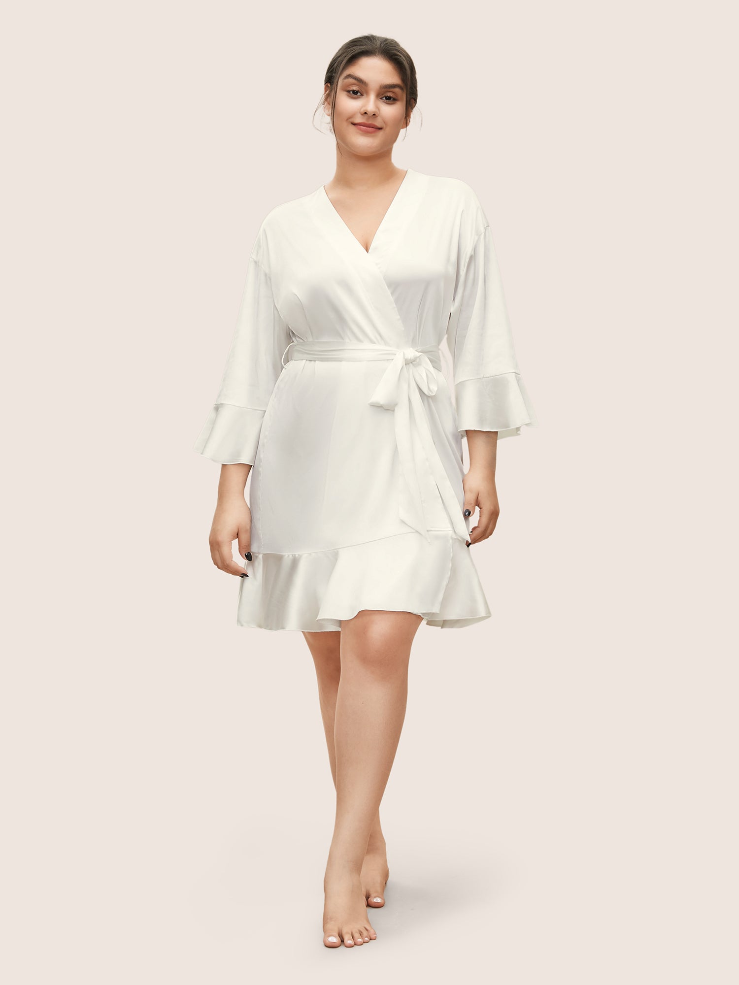 Solid Rhinestone Flutter Sleeve Belted Robe-Sweetccc