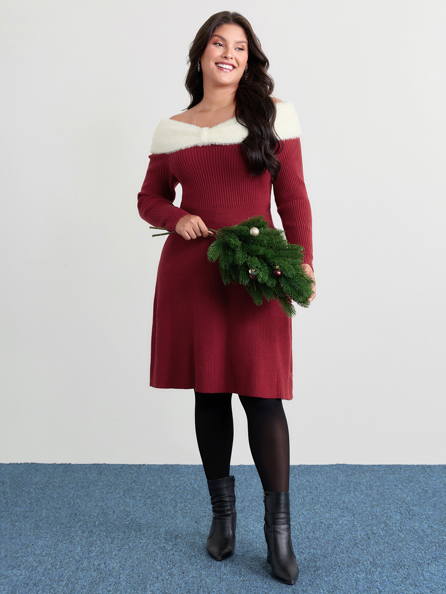 Fuzzy Off-Shoulder Color Block Sweater Dress-Sweetccc