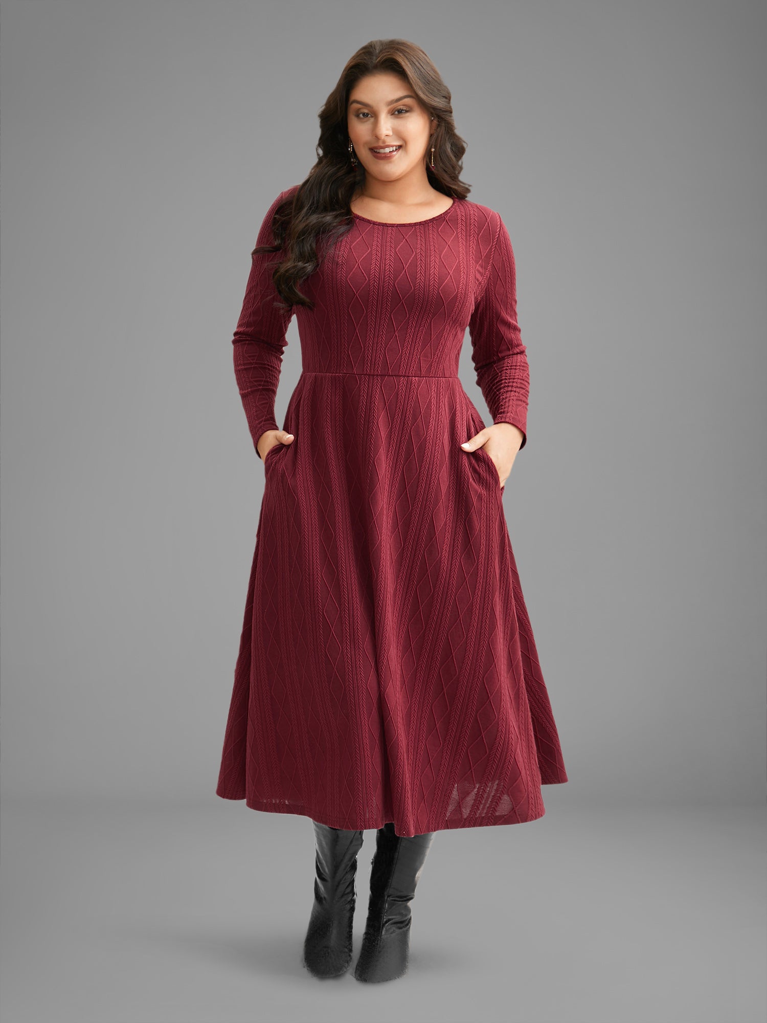 Textured Knit Fit-And-Flare Midi Dress-Sweetccc