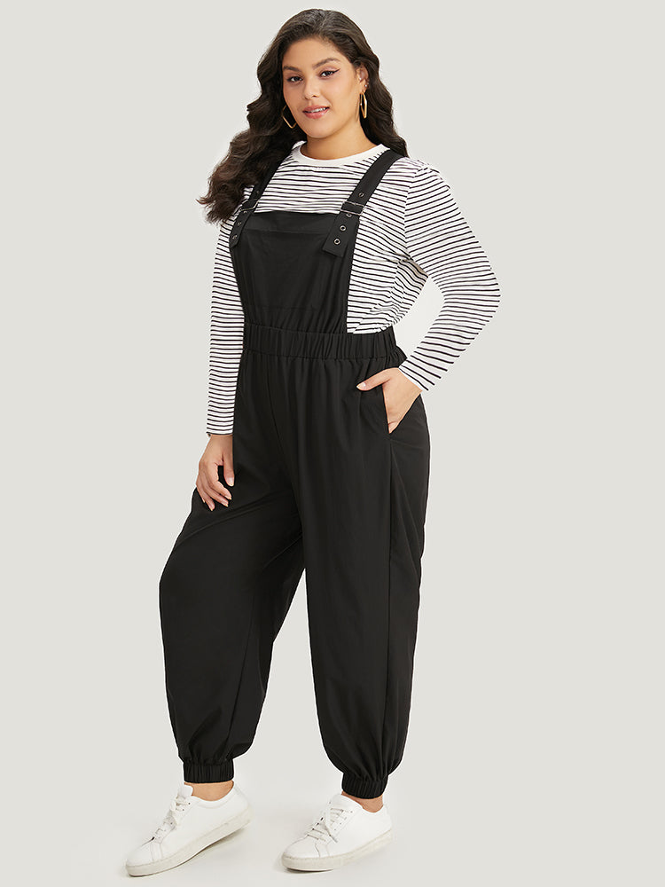 Solid Pocket Back Crisscross Elastic Waist Jumpsuit-Sweetccc