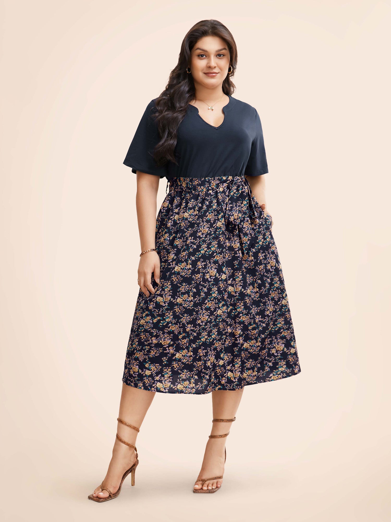 Notched Collar Floral Patchwork Belted Dress-Sweetccc