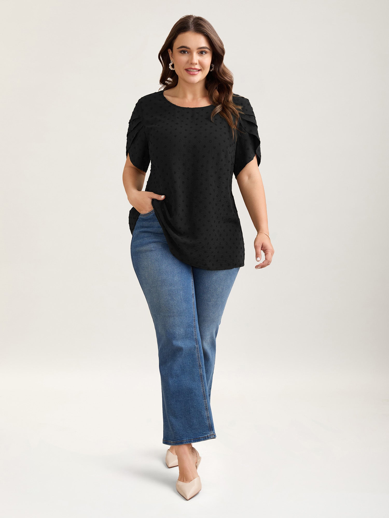 Textured Color Contrast Petal Sleeve Blouse-Sweetccc