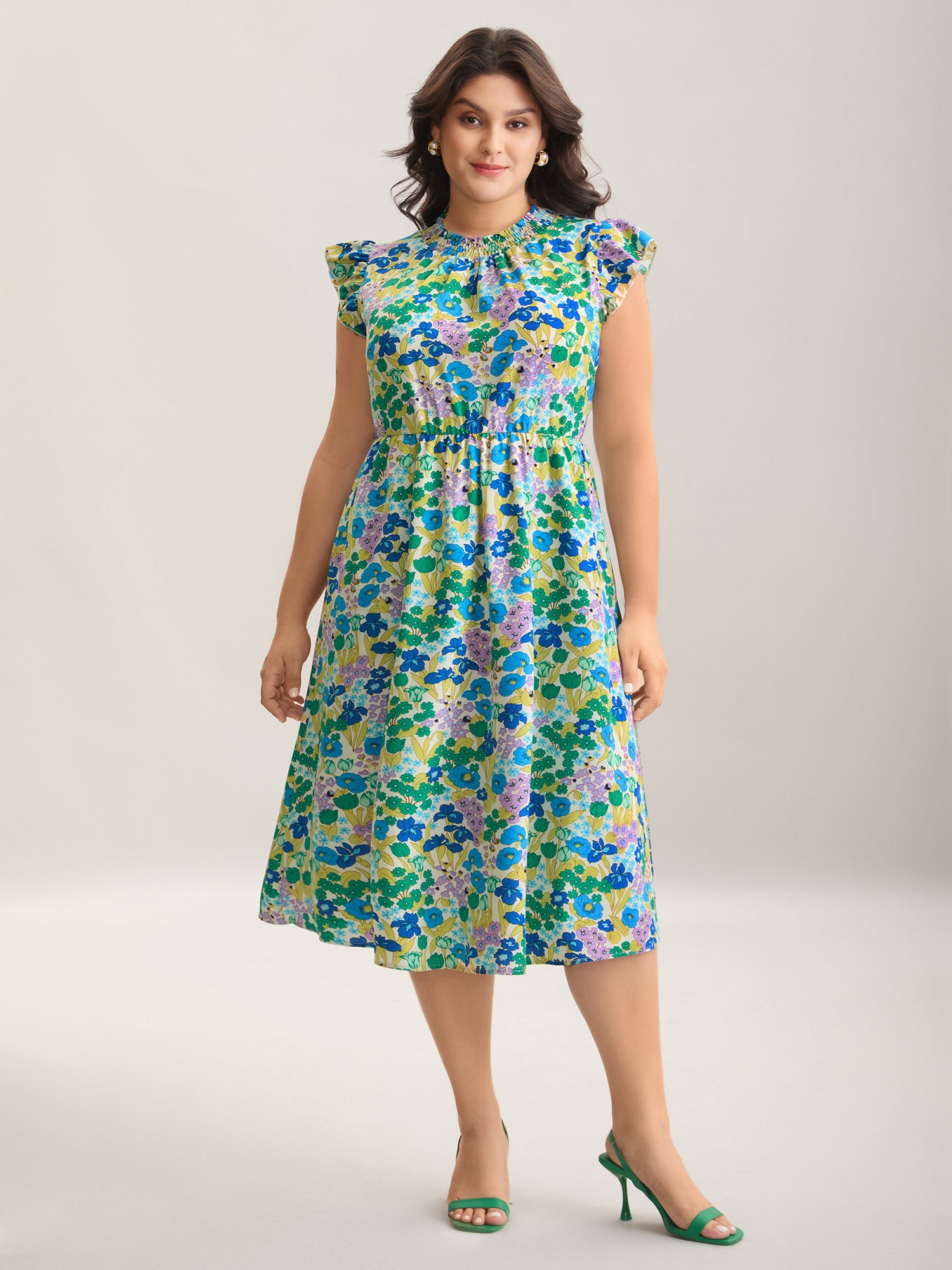Floral Print Shirred Pockets Midi Dress-Sweetccc