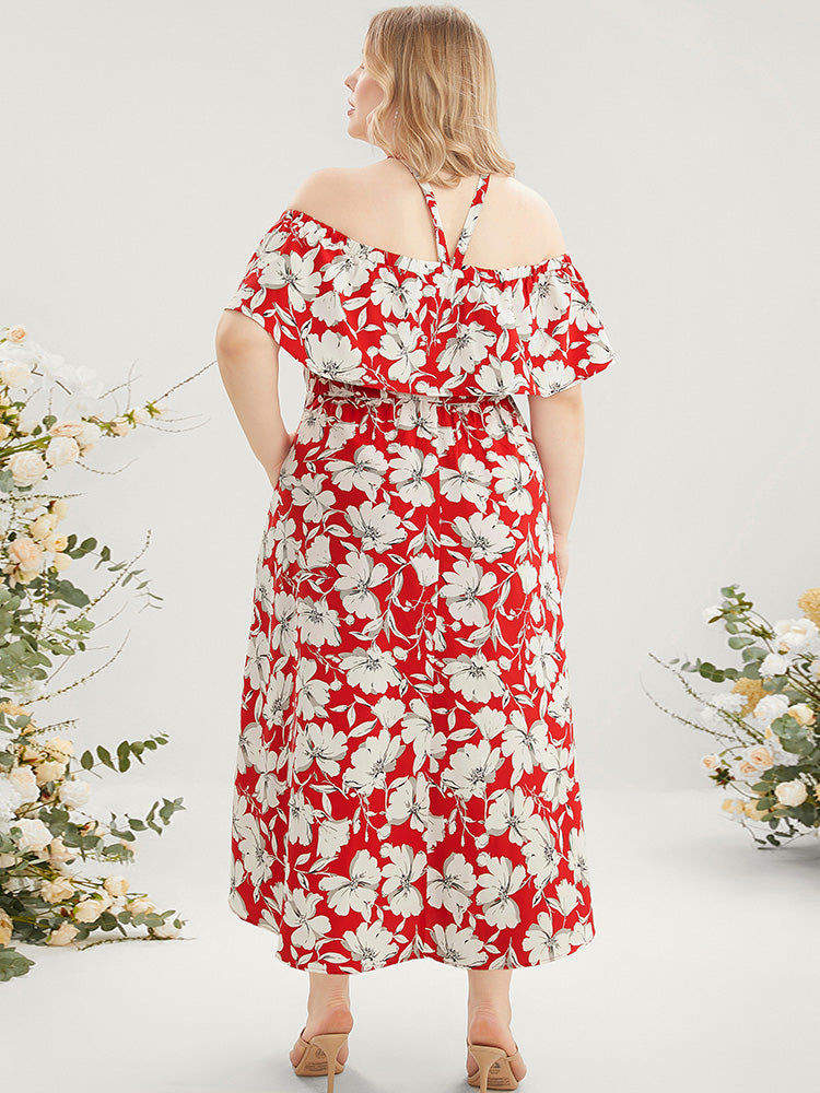 Floral Print Pocket Ruffles Trim Split Halter Maxi Dress-Sweetccc