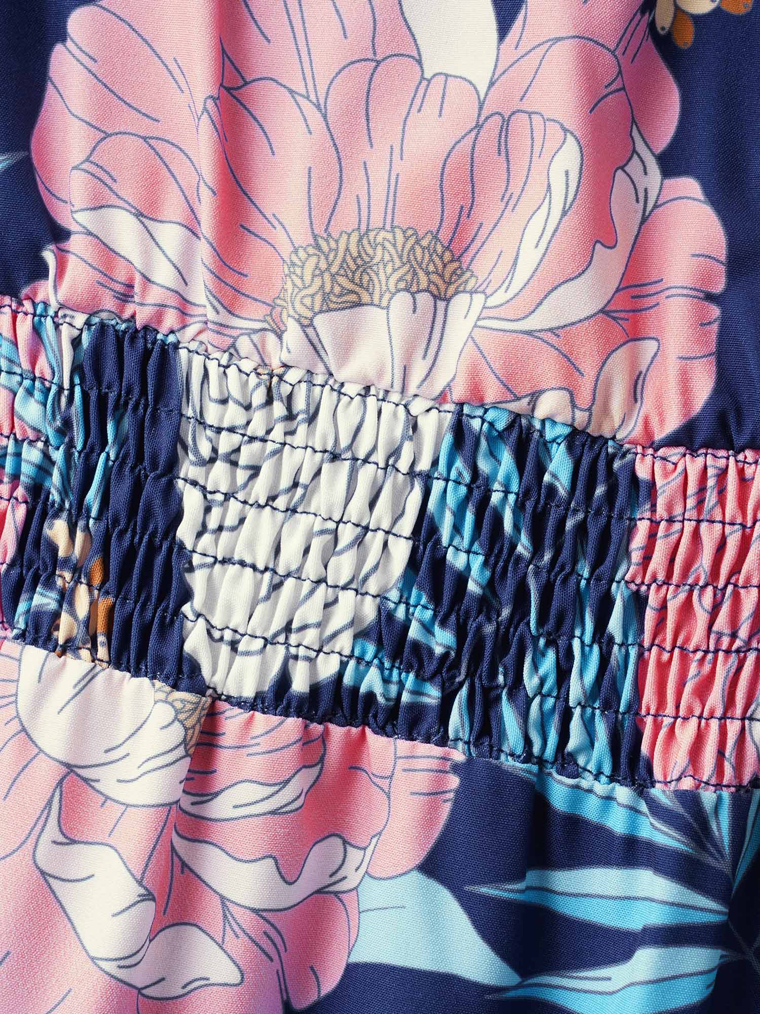 Tropical Print Back-Tie Shirred Midi Dress-Sweetccc