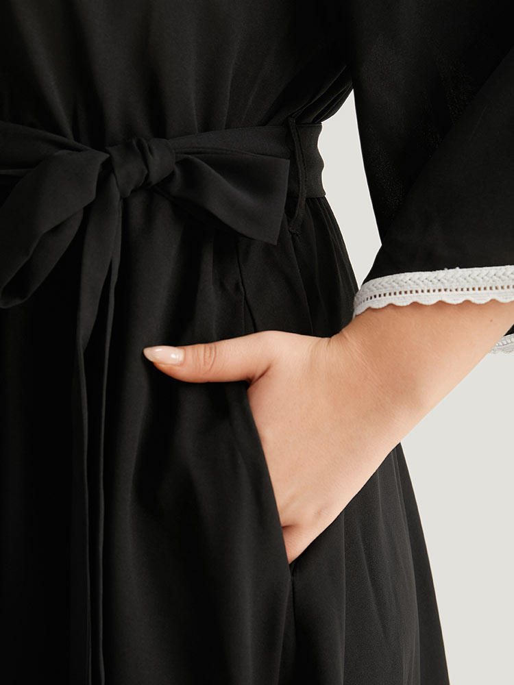 V Neck Pocket Patchwork Contrast Belted Dress-Sweetccc