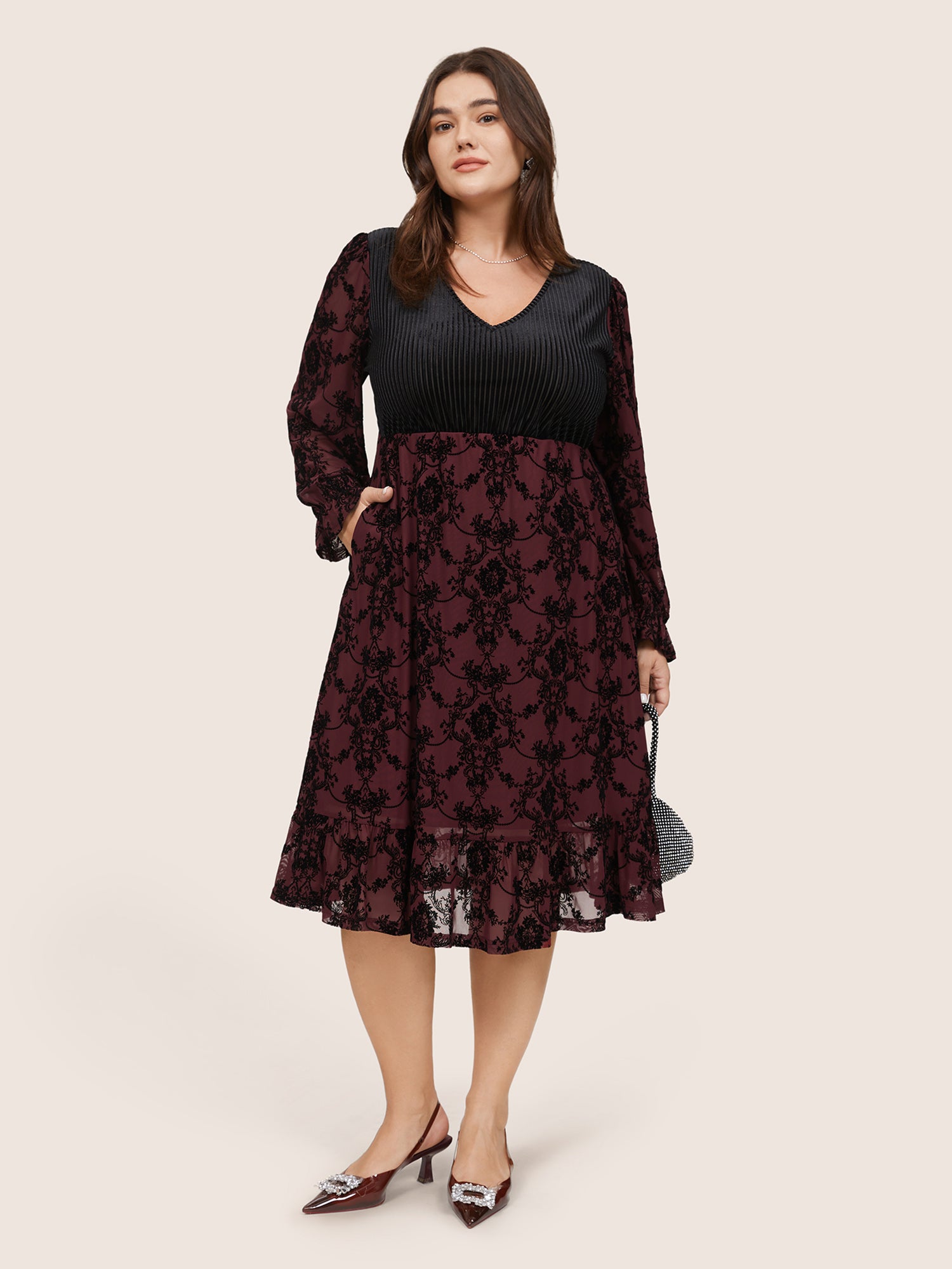 Velvet Patchwork Geometric Pleated Dress-Sweetccc