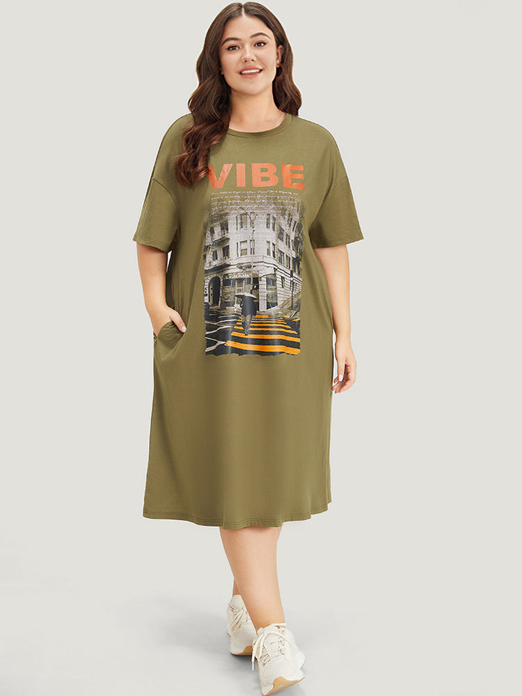 Letter & Graphic Print Pocket Crew Neck Dress-Sweetccc