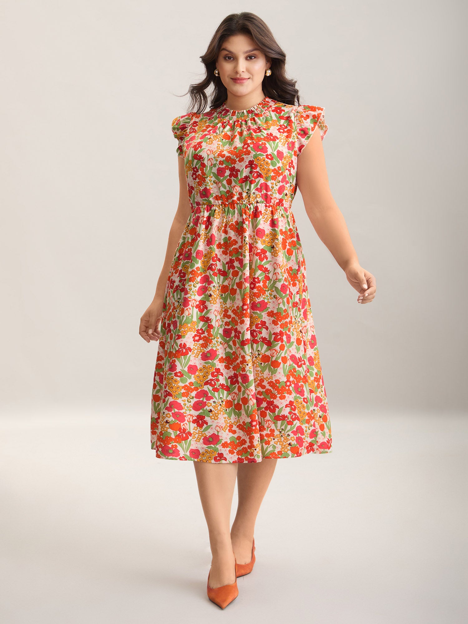 Floral Print Shirred Pockets Midi Dress-Sweetccc