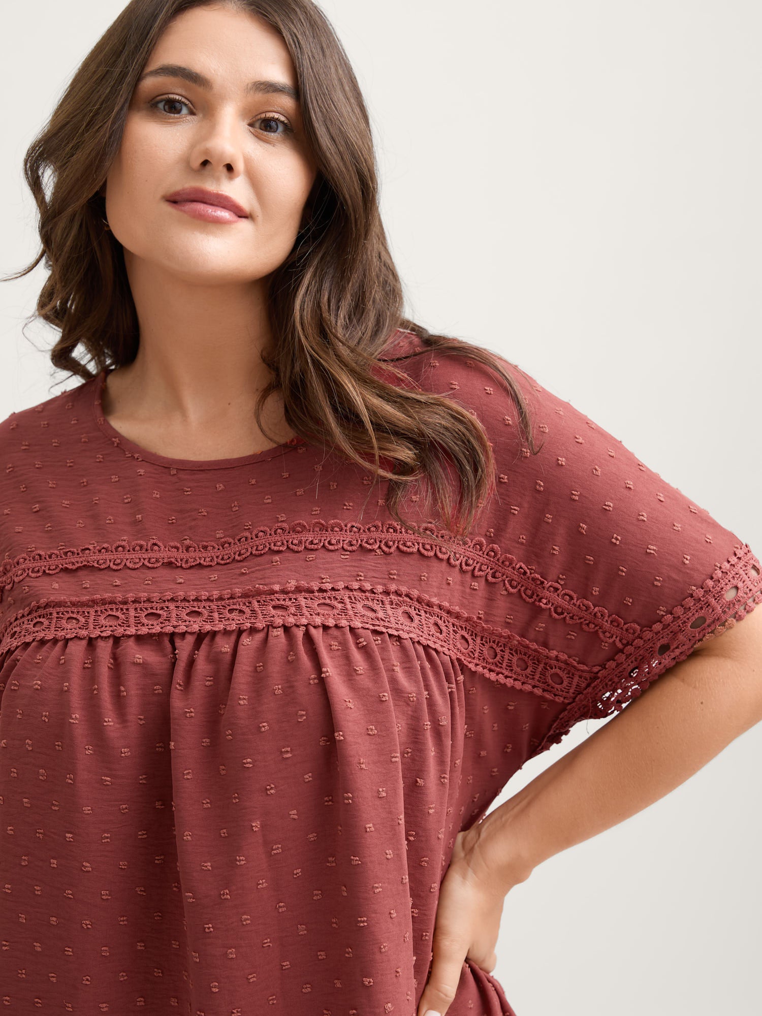 Textured Lace Trim Solid Blouse-Sweetccc