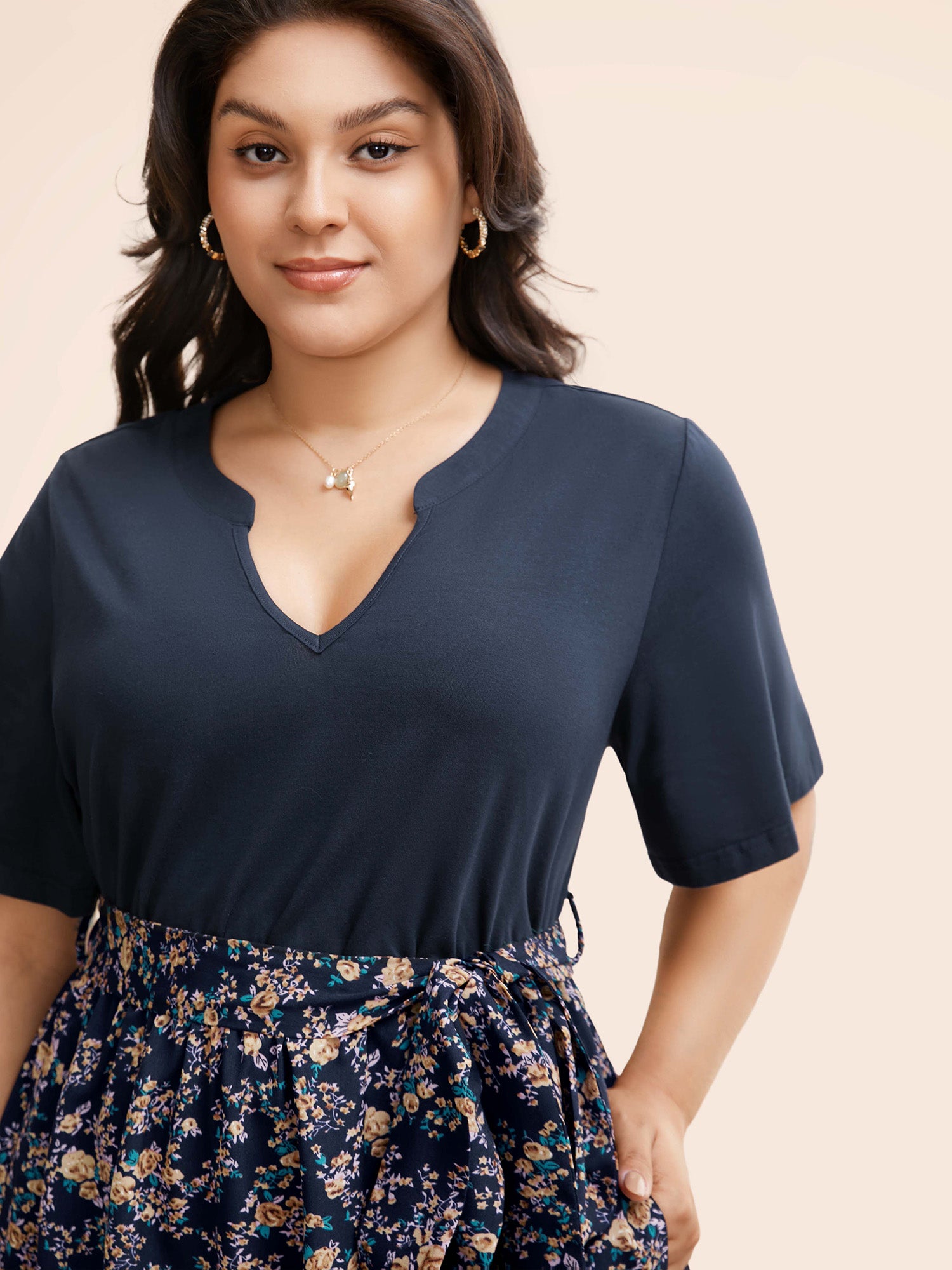 Notched Collar Floral Patchwork Belted Dress-Sweetccc