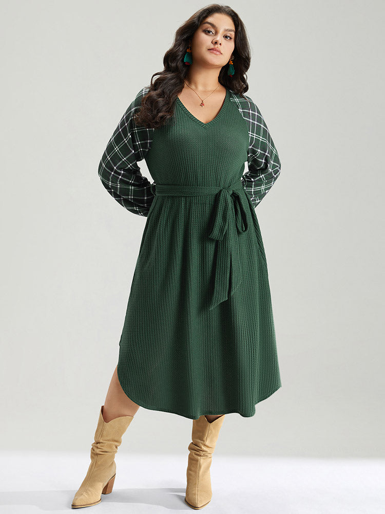 Waffle Knit Plaid Patchwork Belted Dress-Sweetccc