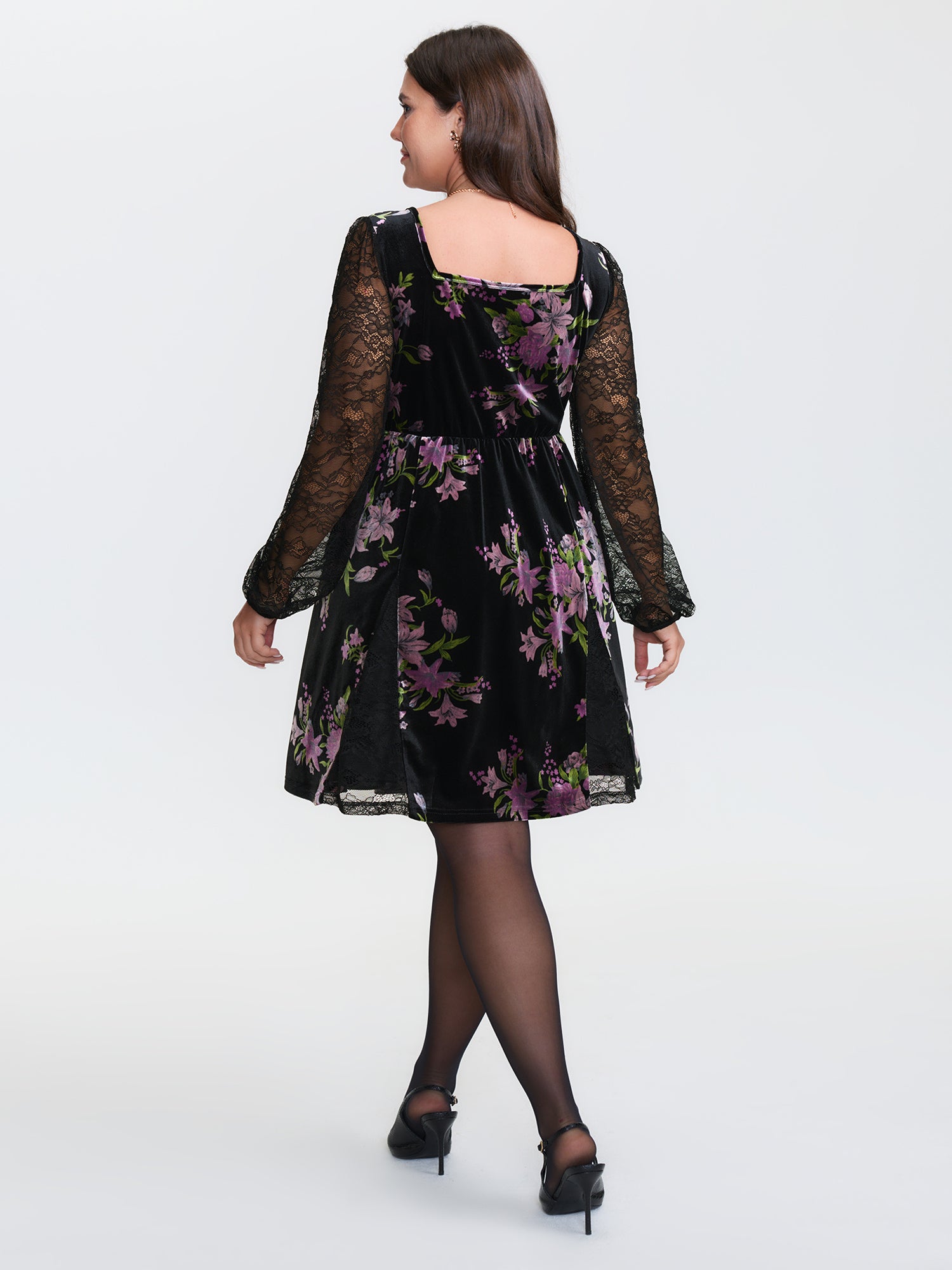 Velvet Floral Sheer Lace Knee Dress-Sweetccc