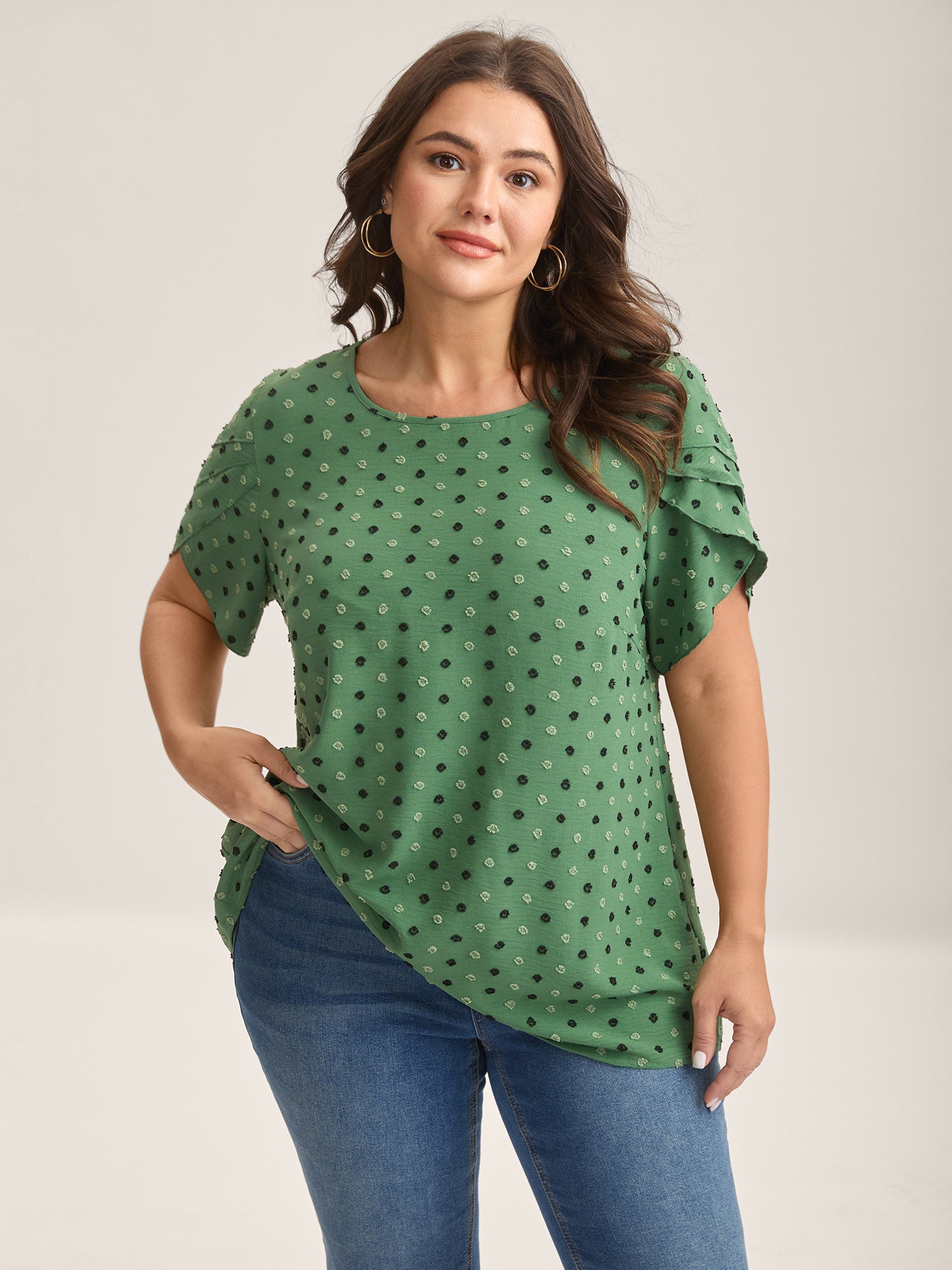 Textured Color Contrast Petal Sleeve Blouse-Sweetccc