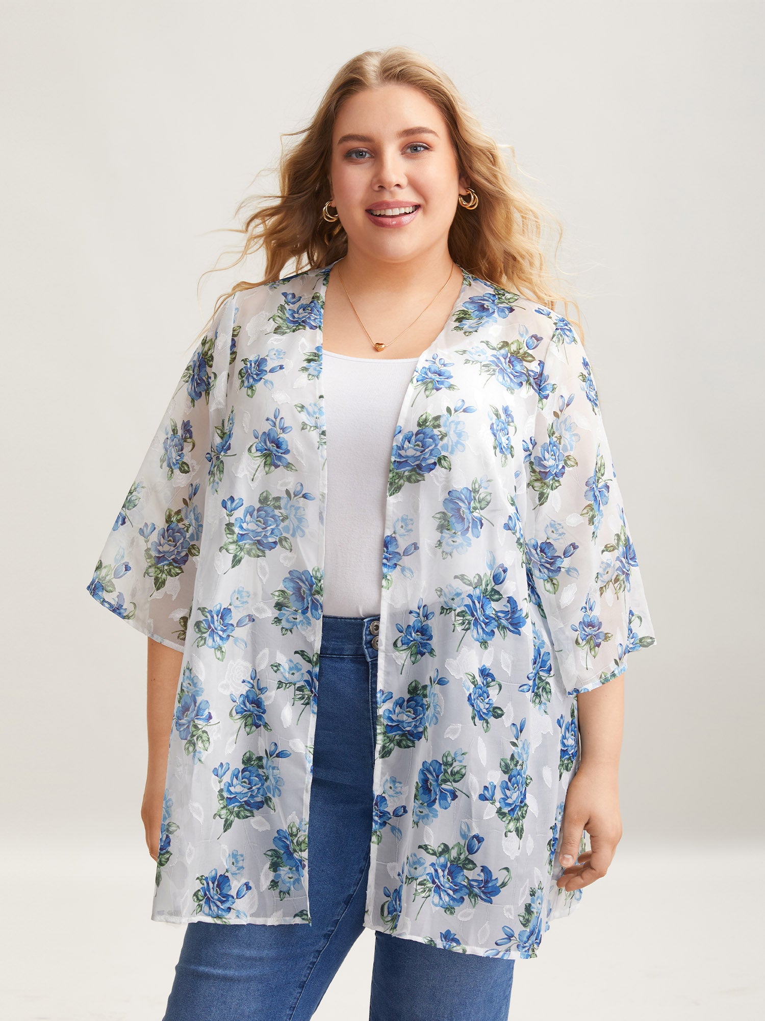 Textured Printed Puff Sleeve Kimono Cardigan-Sweetccc