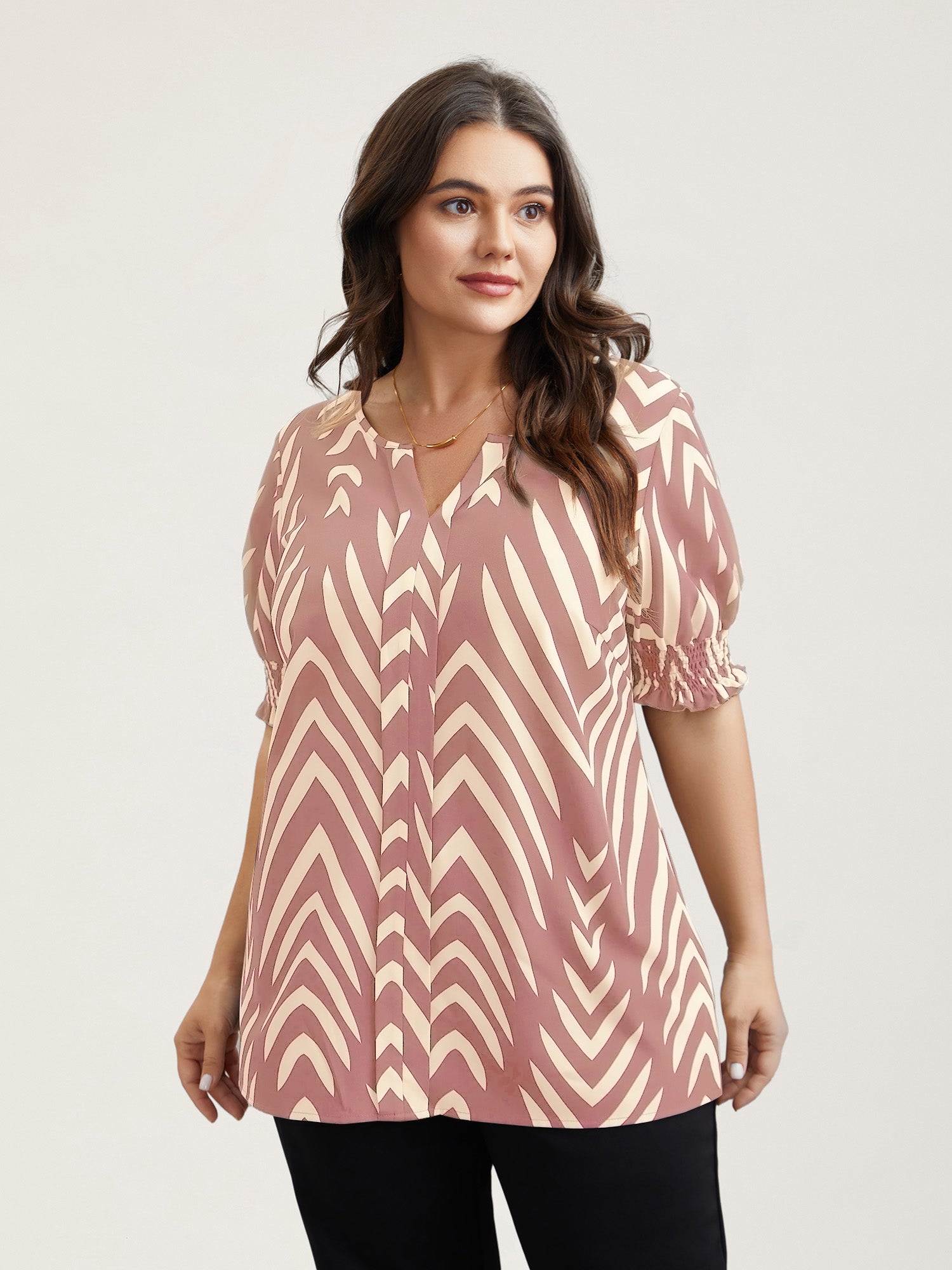 Geometric Print Ruffled Shirred Shirt-Sweetccc