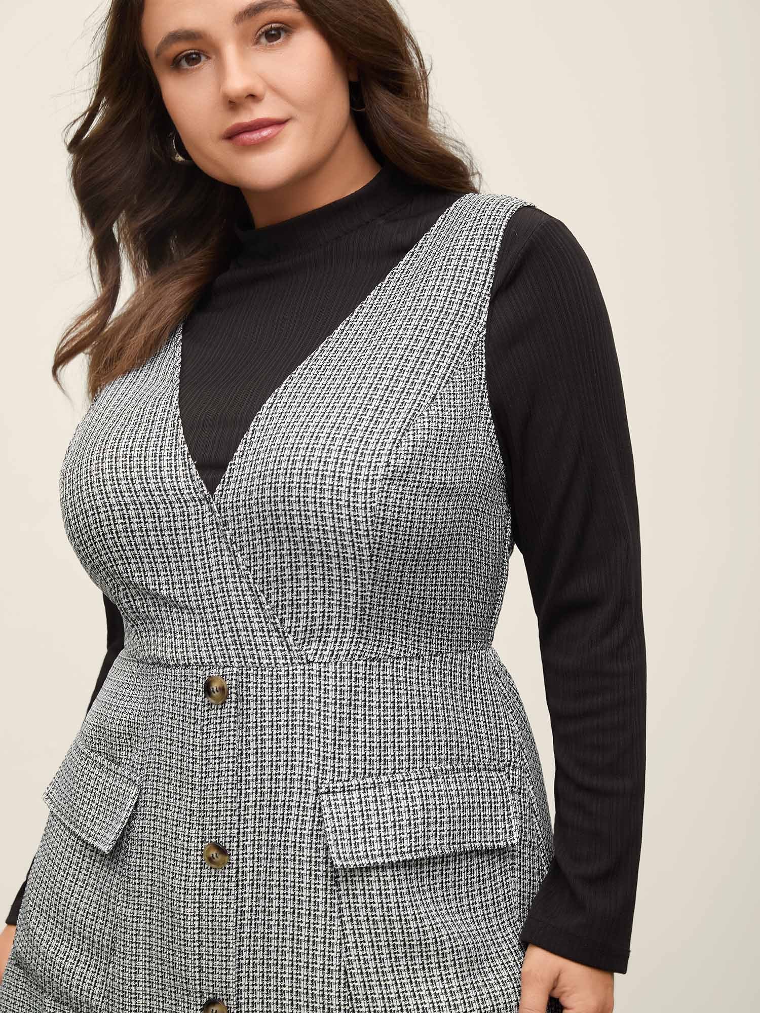 Houndstooth Button Detail Pockets Knee Dress-Sweetccc