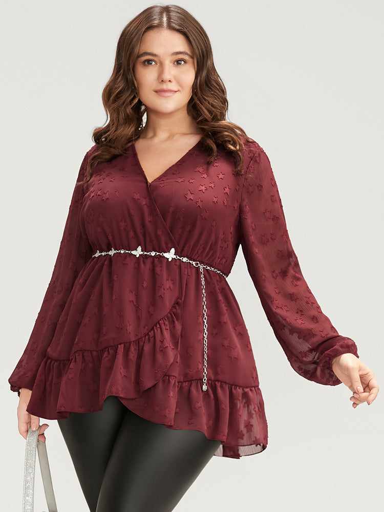 Star Mesh Lantern Sleeve Surplice Neck Ruffle Hem Blouse-Sweetccc