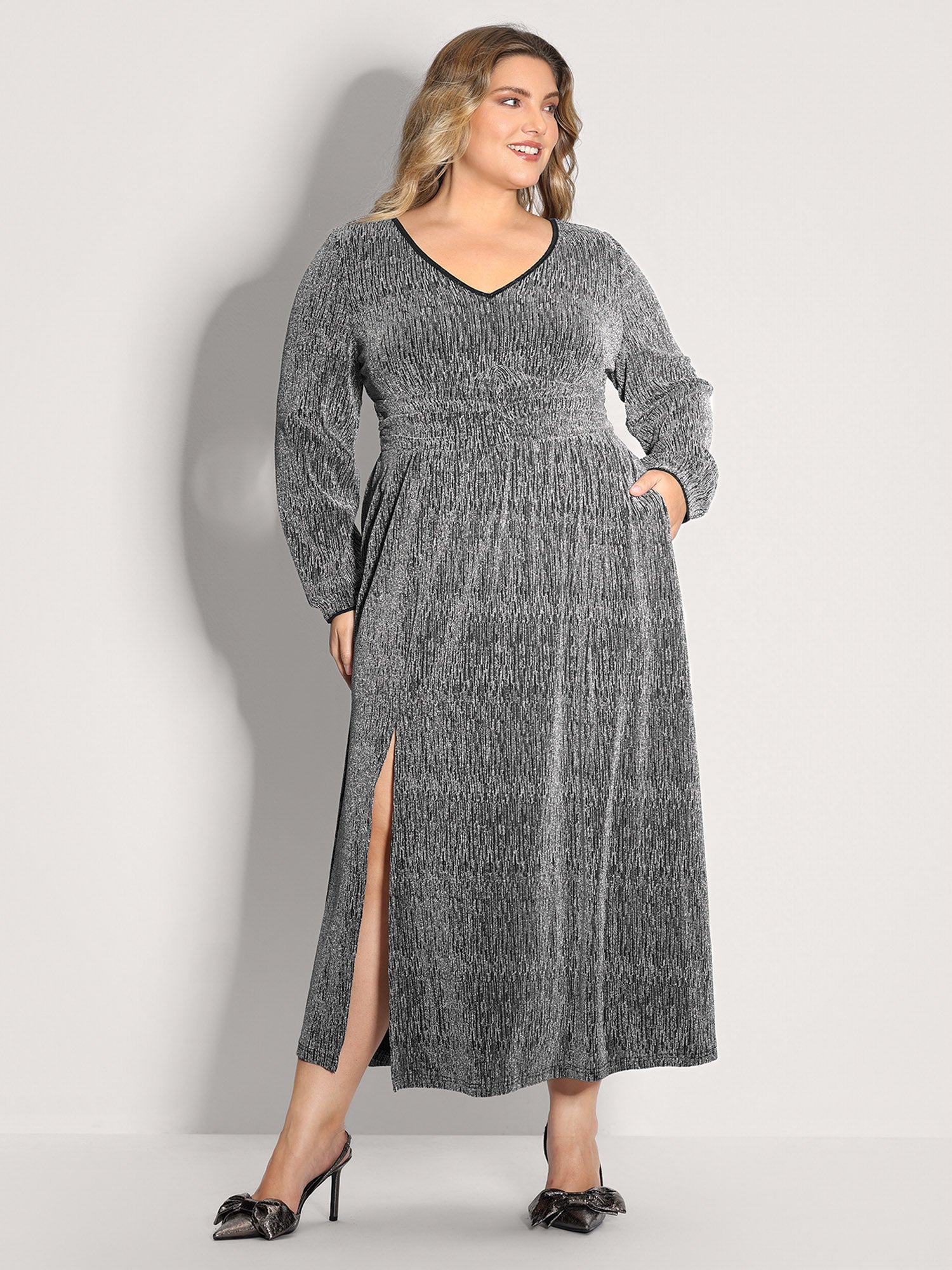 Lurex Side Slit Pleated Waist Maxi Dress-Sweetccc