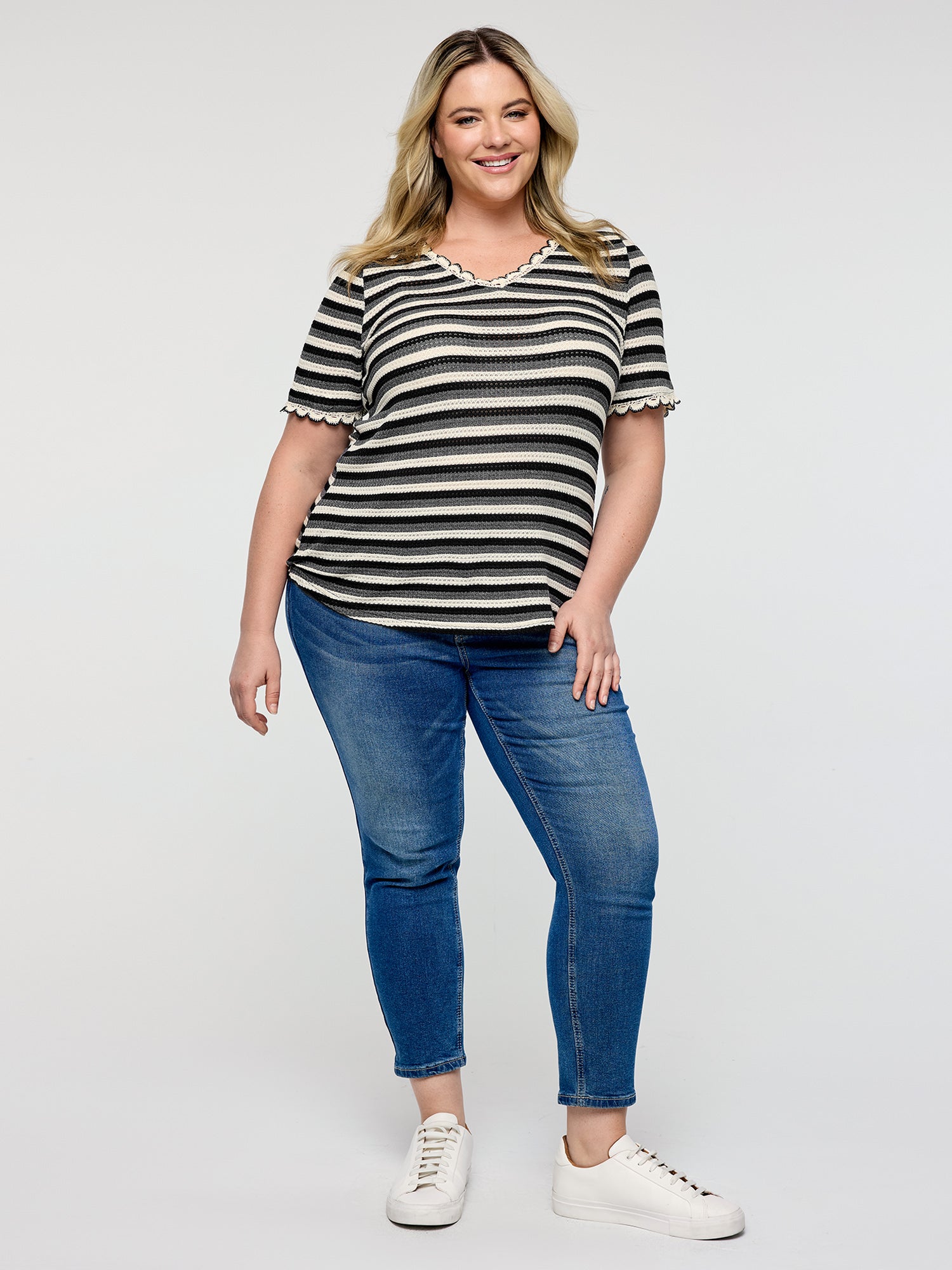 Textured Stripe Print Stretchy T-Shirt-Sweetccc