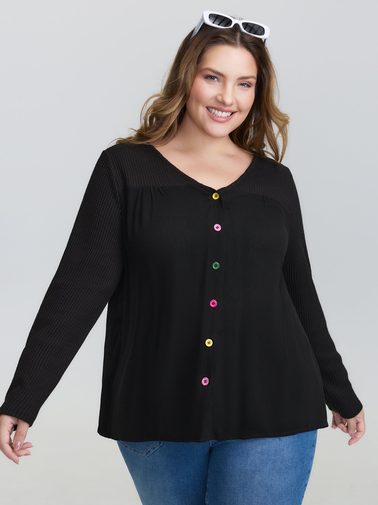 Stretchy Textured Colorful Button Blouse-Sweetccc