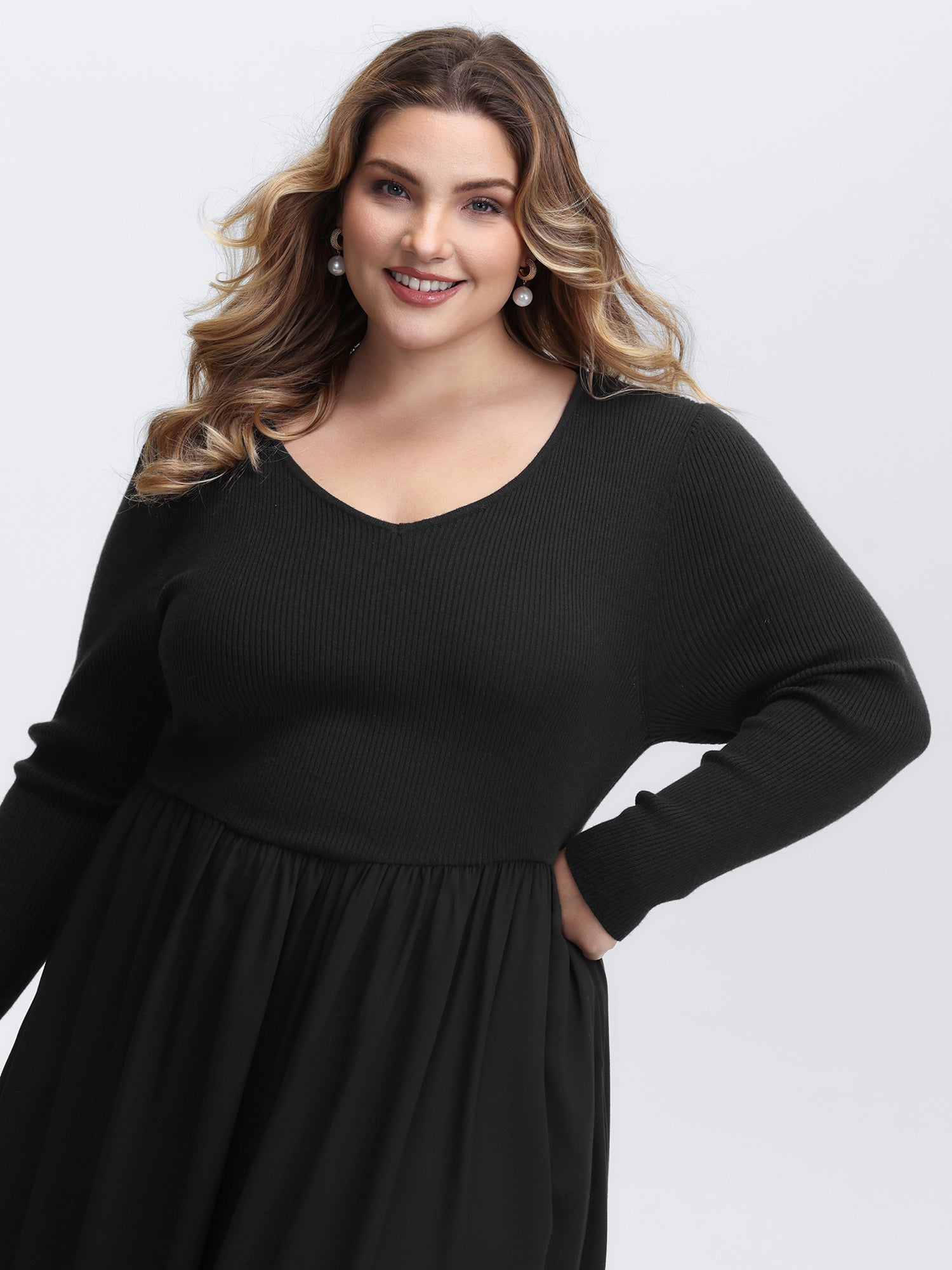 V-Neck Patchwork Plain Sweater Dress-Sweetccc