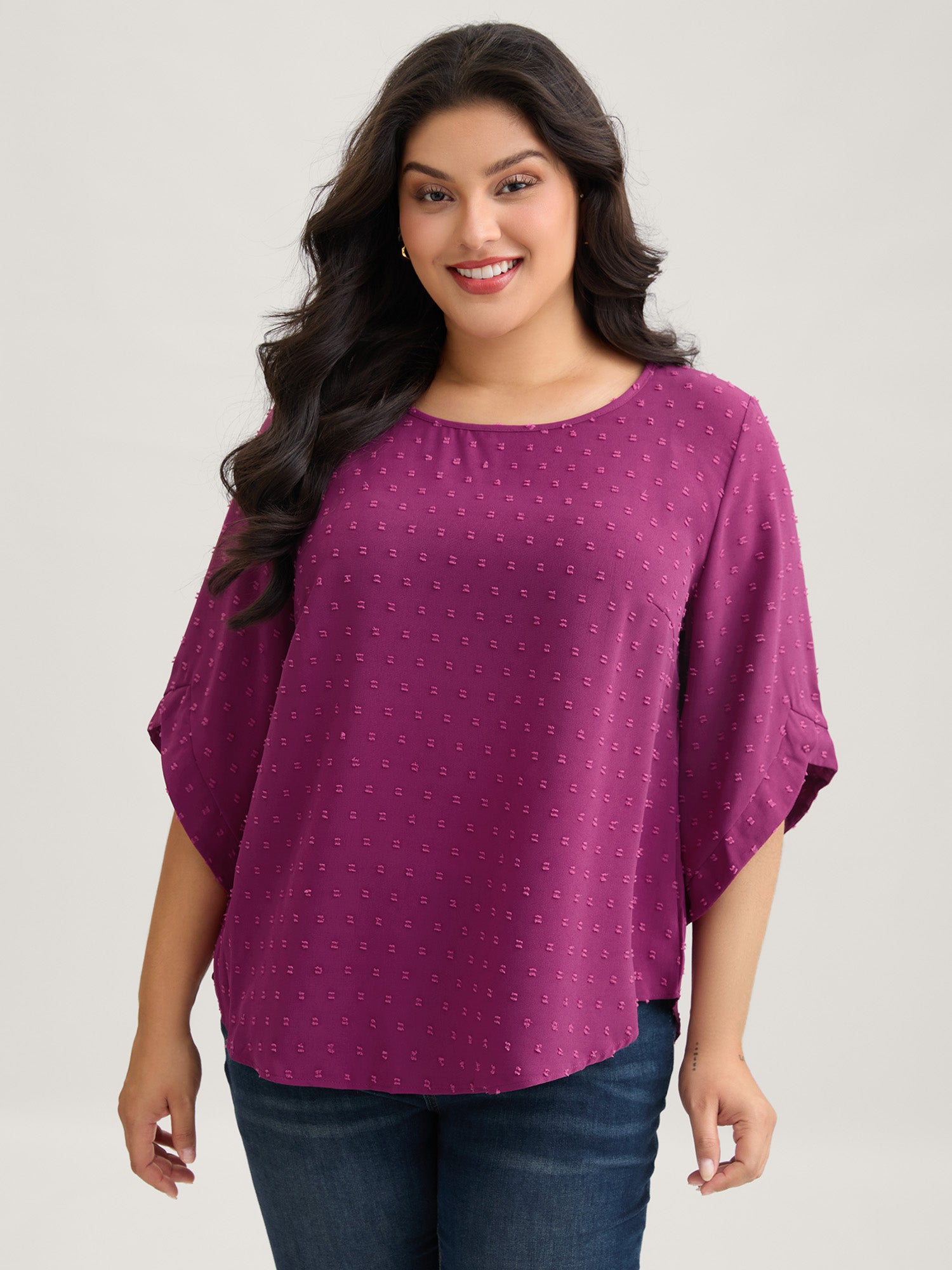 Textured Round Neck Bell Sleeve Blouse-Sweetccc