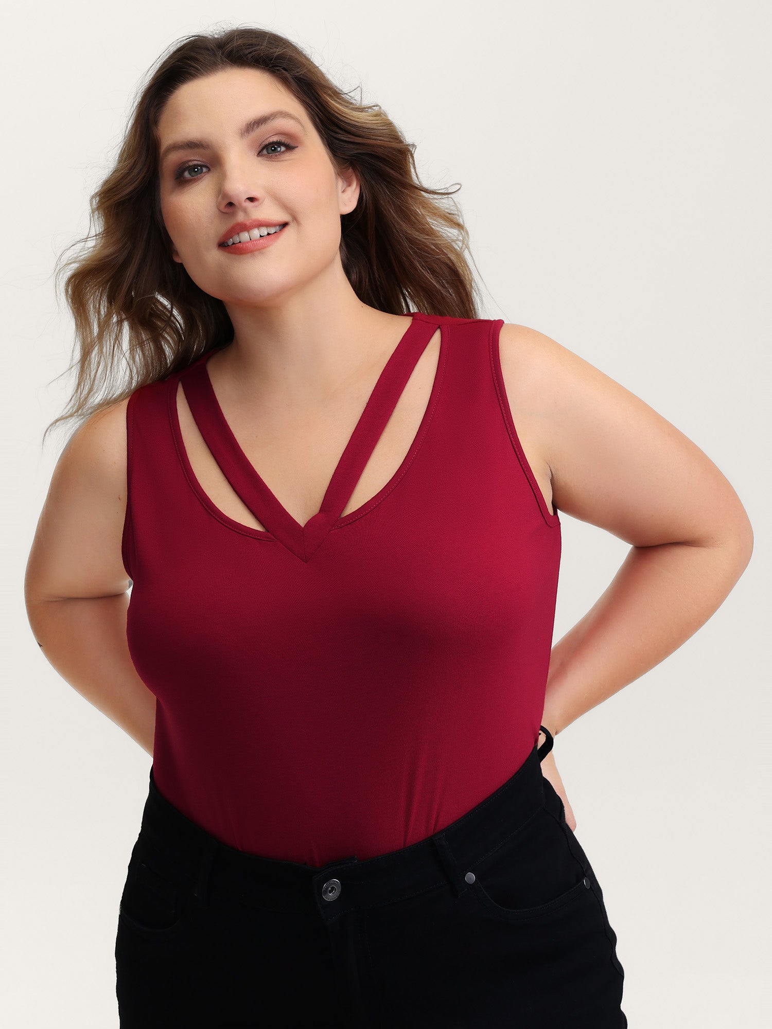 Supersoft Stretchy Cut-Out V-Neck Tank Top-Sweetccc