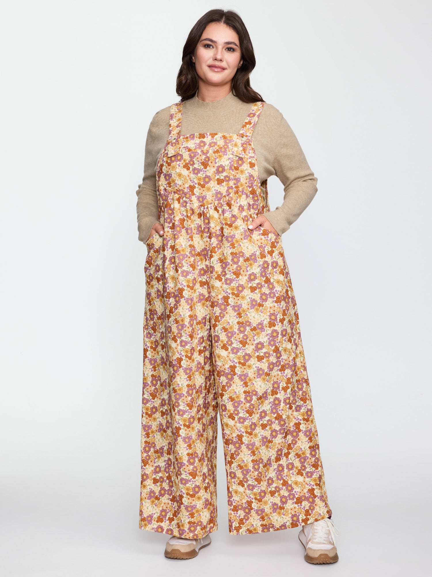 Floral Corduroy Adjustable Pockets Overall Jumpsuit-Sweetccc