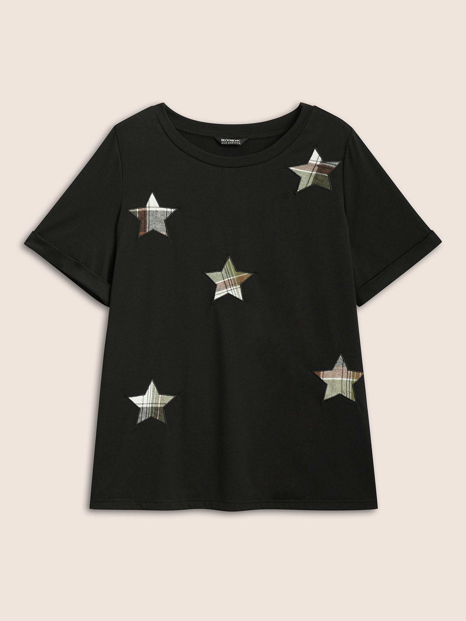Star Embroidered Patch Round Neck T-shirt-Sweetccc