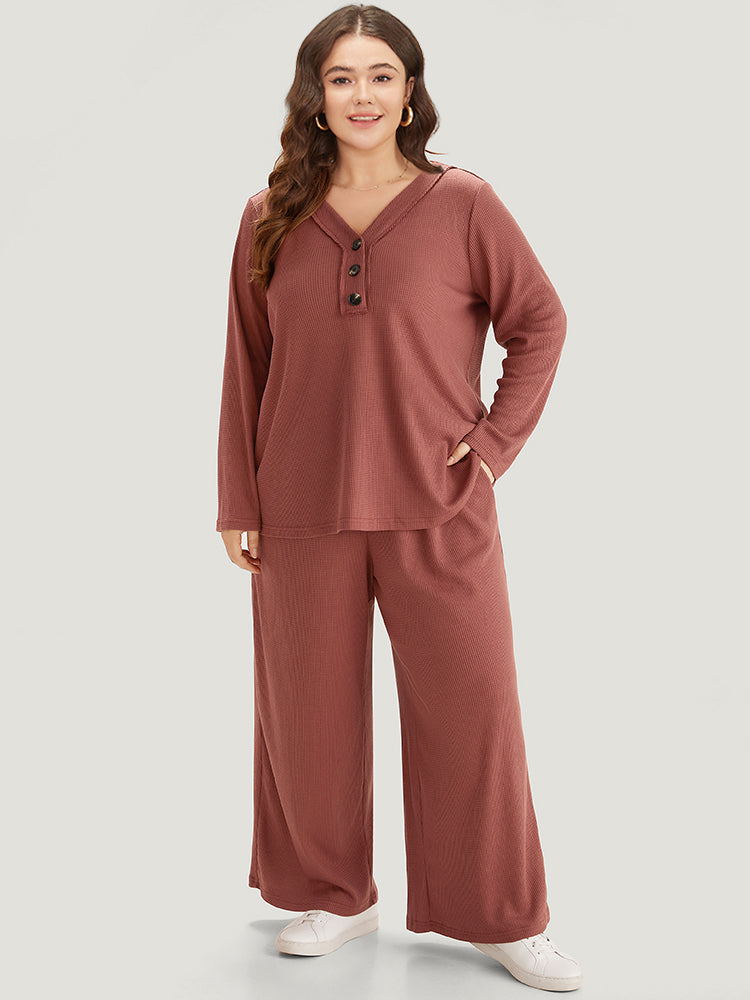 Solid Waffle Knit V Neck Button Up Woven Top-Sweetccc