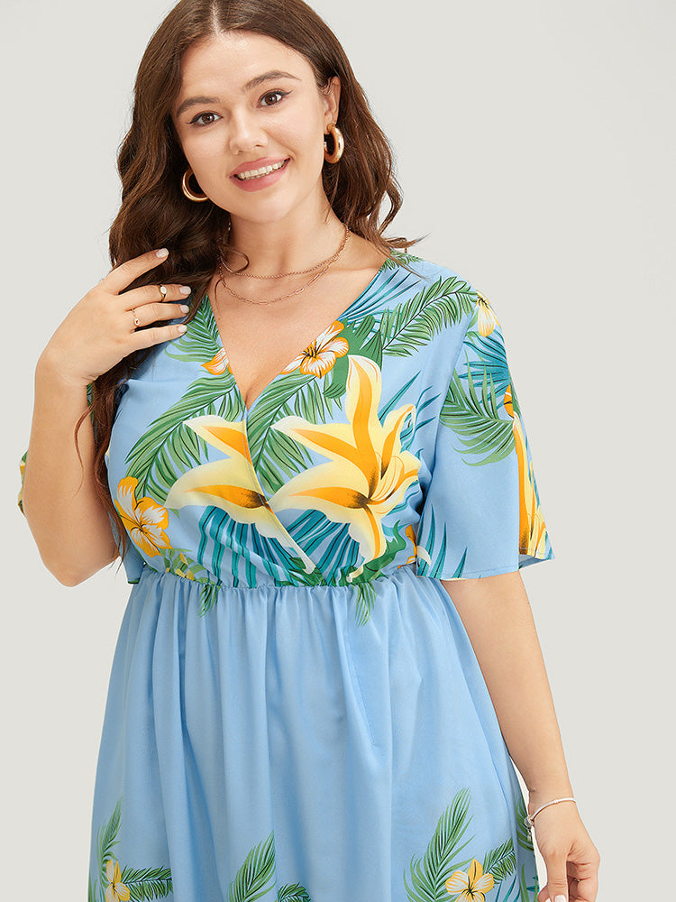 Tropical Print Ruffle Sleeve Wrap Pocket Midi Dress-Sweetccc
